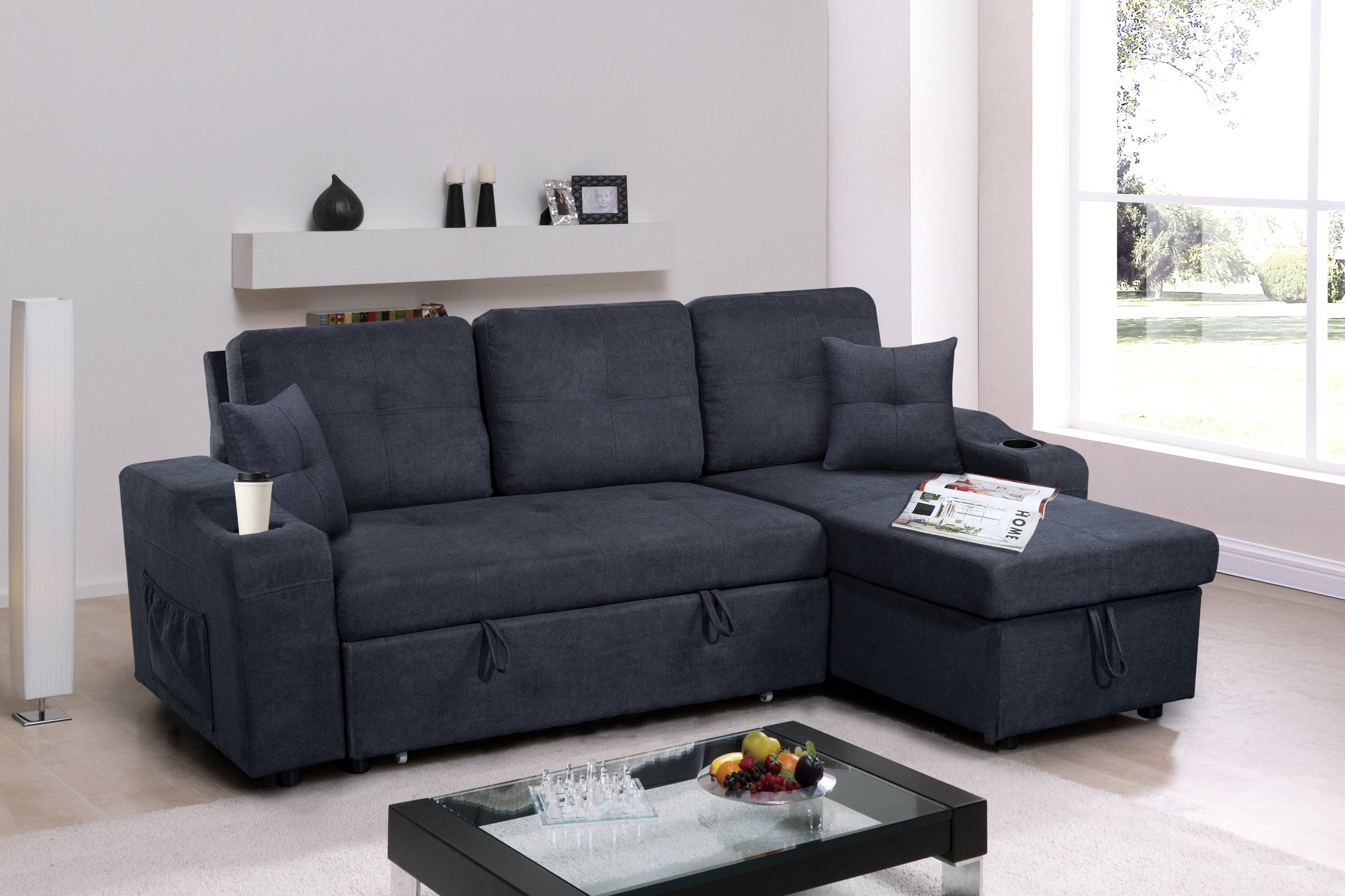 Right-facing sectional sofa with footrest, convertible corner sofa with armrest storage, living room and apartment sectional sofa, right chaise longue and  dark  grey