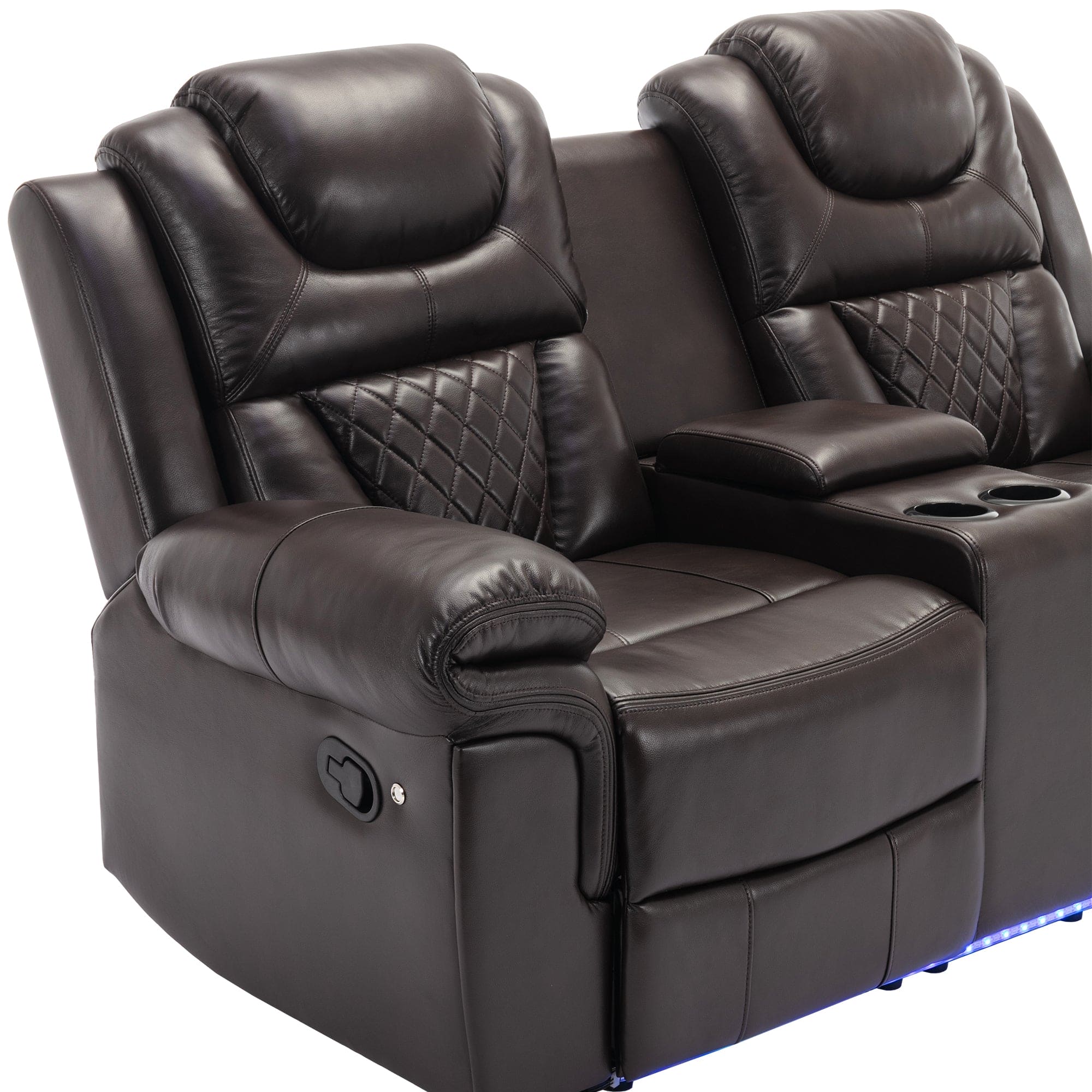 Home Theater Seating Manual Recliner Loveseat with Hide-Away Storage, Cup Holders and LED Light Strip for Living Room, Brown