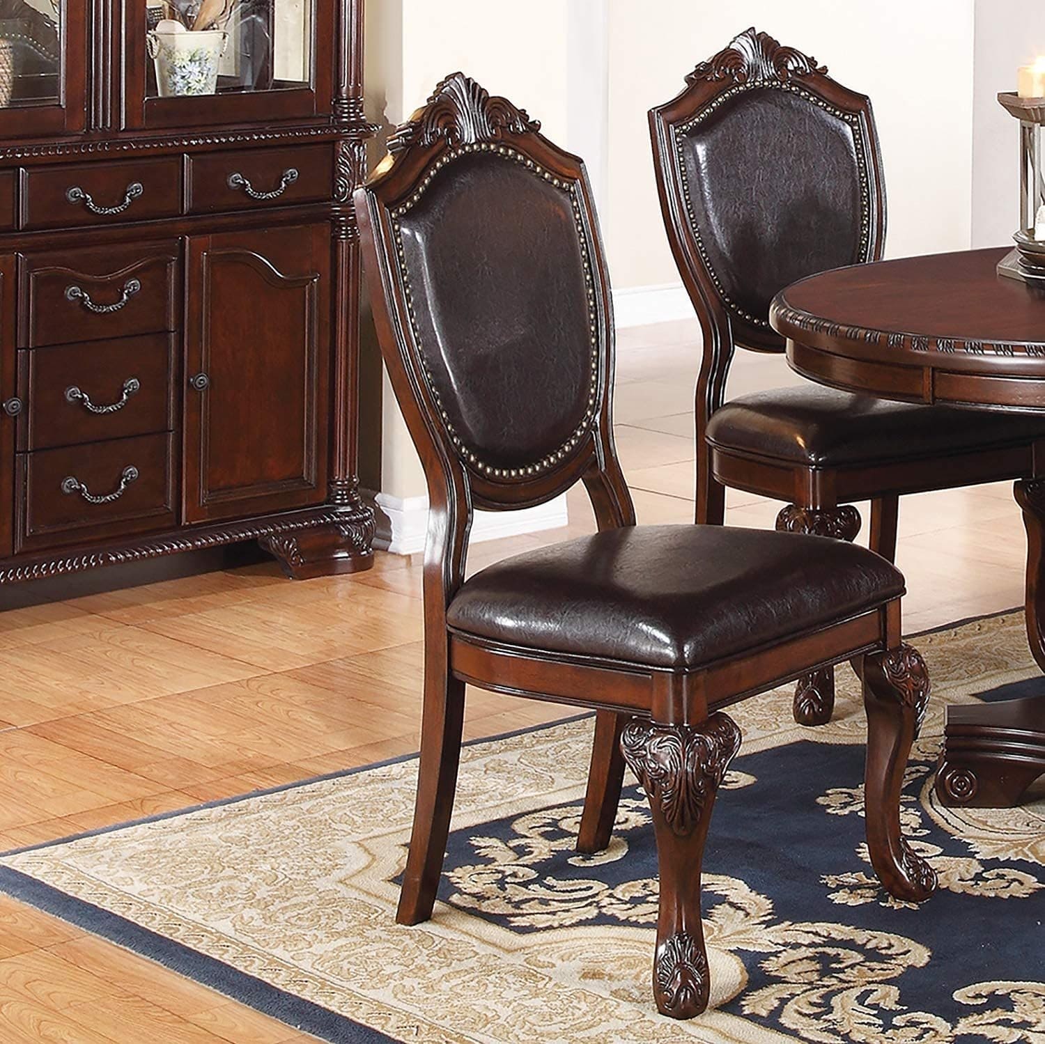 Classic Formal Dining Room Table And 4x Side Chairs Brown 5pc Set Dining Table Pedestal Base Antique Round Table Faux Leather Upholstered Chair