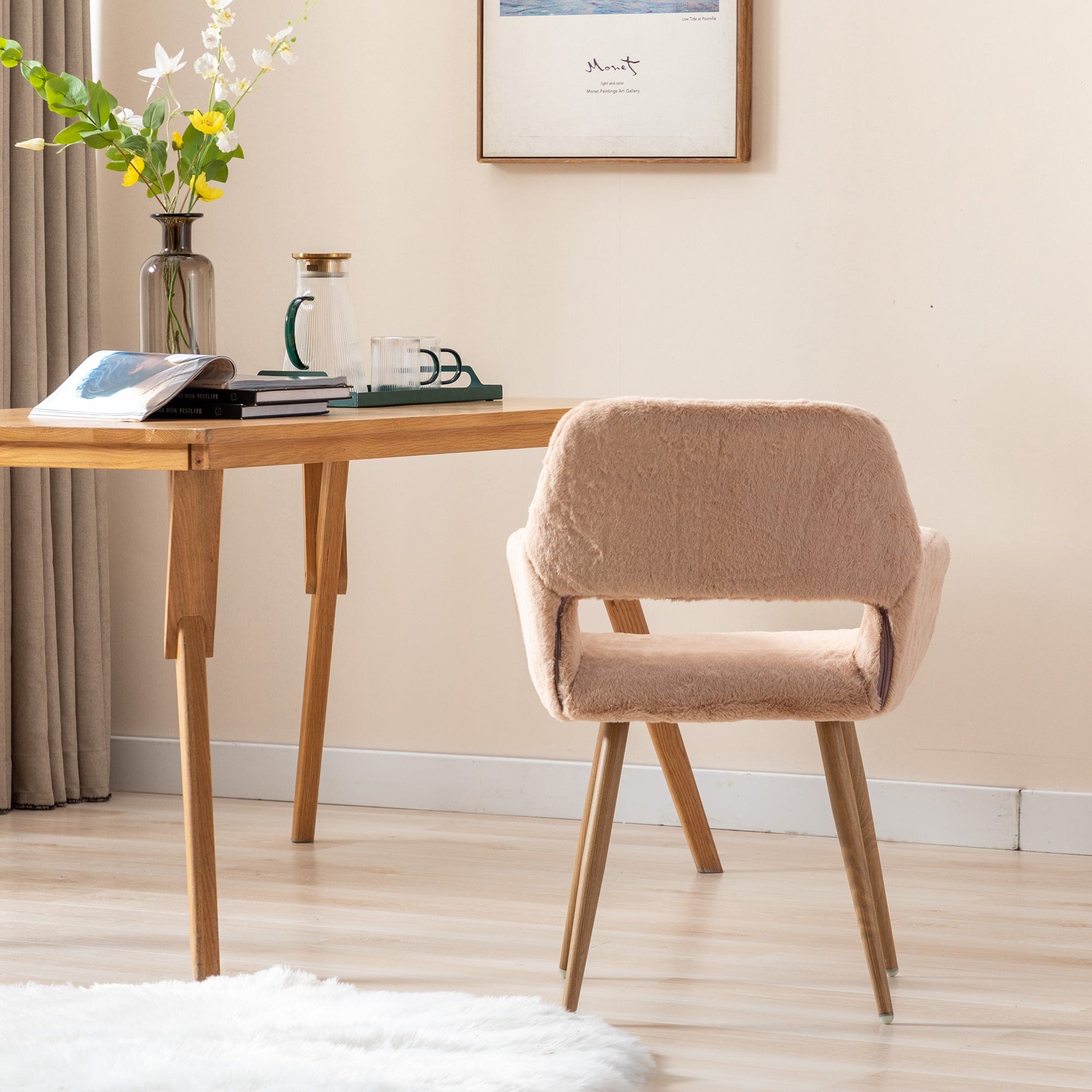 HengMing Dining Chairs with Faux Fur, Mid Century Side Chairs with Solid Painting Steel Leg for Dining Room