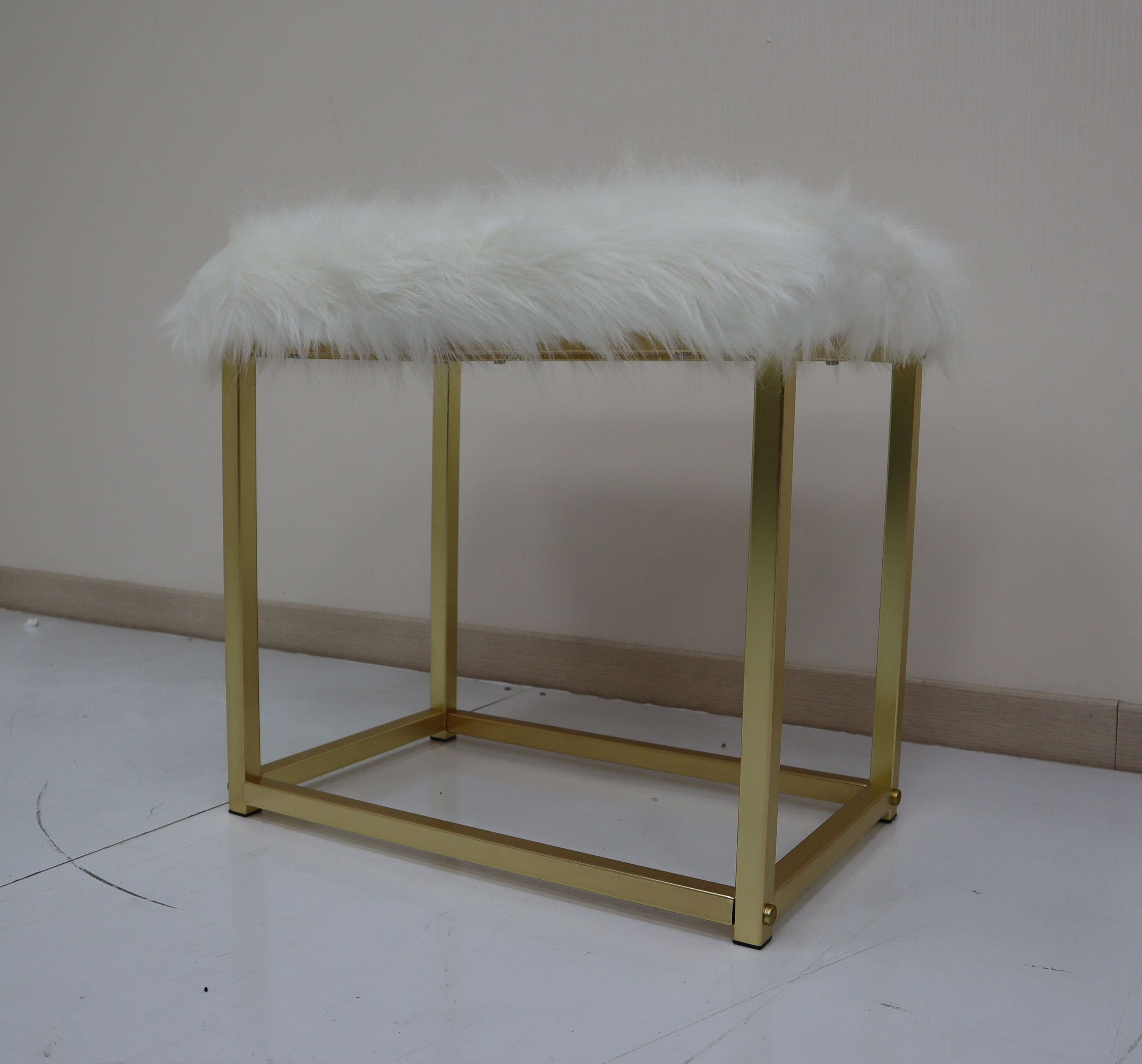 ACME Adao Vanity Mirror & Stool in Faux Fur, Mirror, White & Brass Finish AC00932