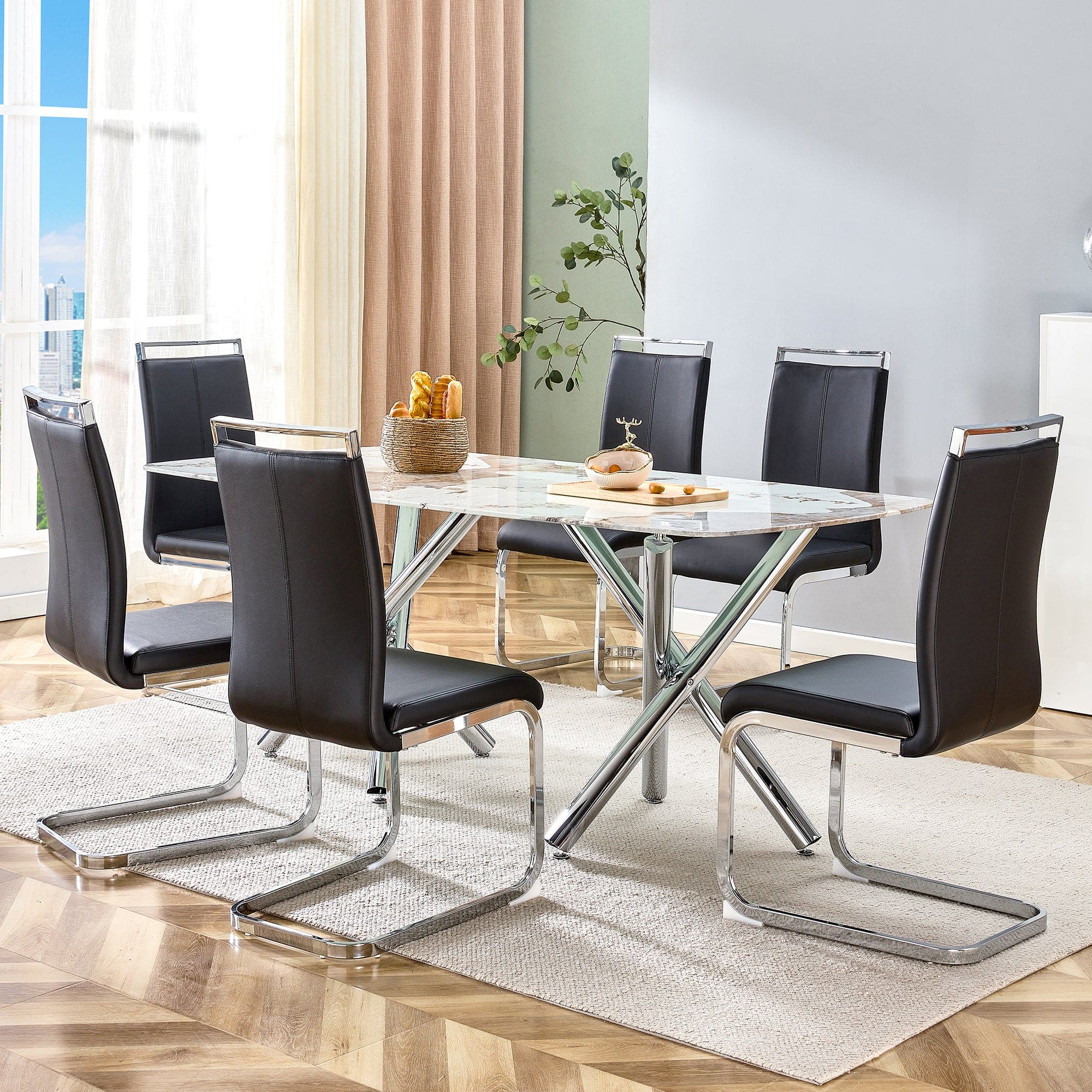 Large modern minimalist rectangular dining table suitable for 6-8 people, equipped with a 0.39 "imitation marble tabletop and metal legs,for Kitchen Dining Living Meeting Room Banquet hall,71"x 40"x30