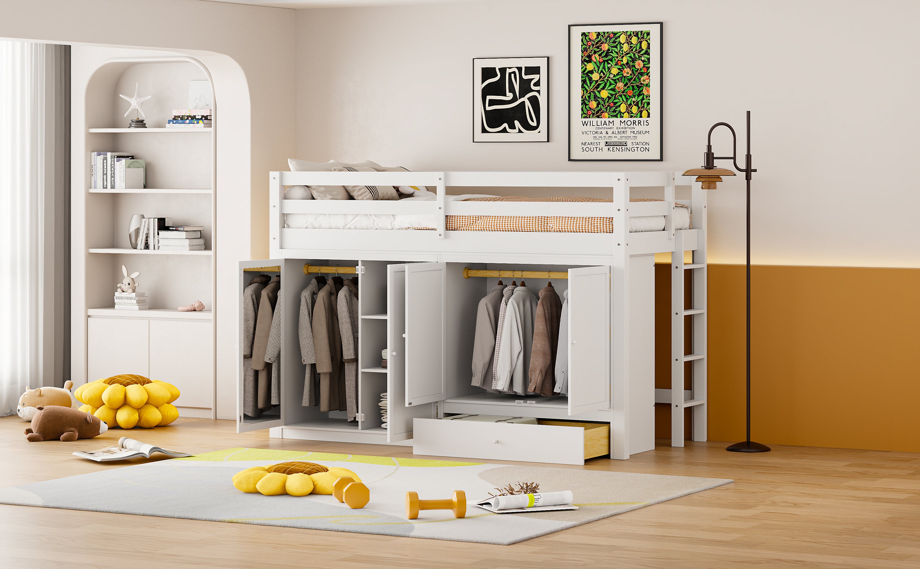 Twin size Loft Bed with Drawer, Two Wardrobes and Mirror, White