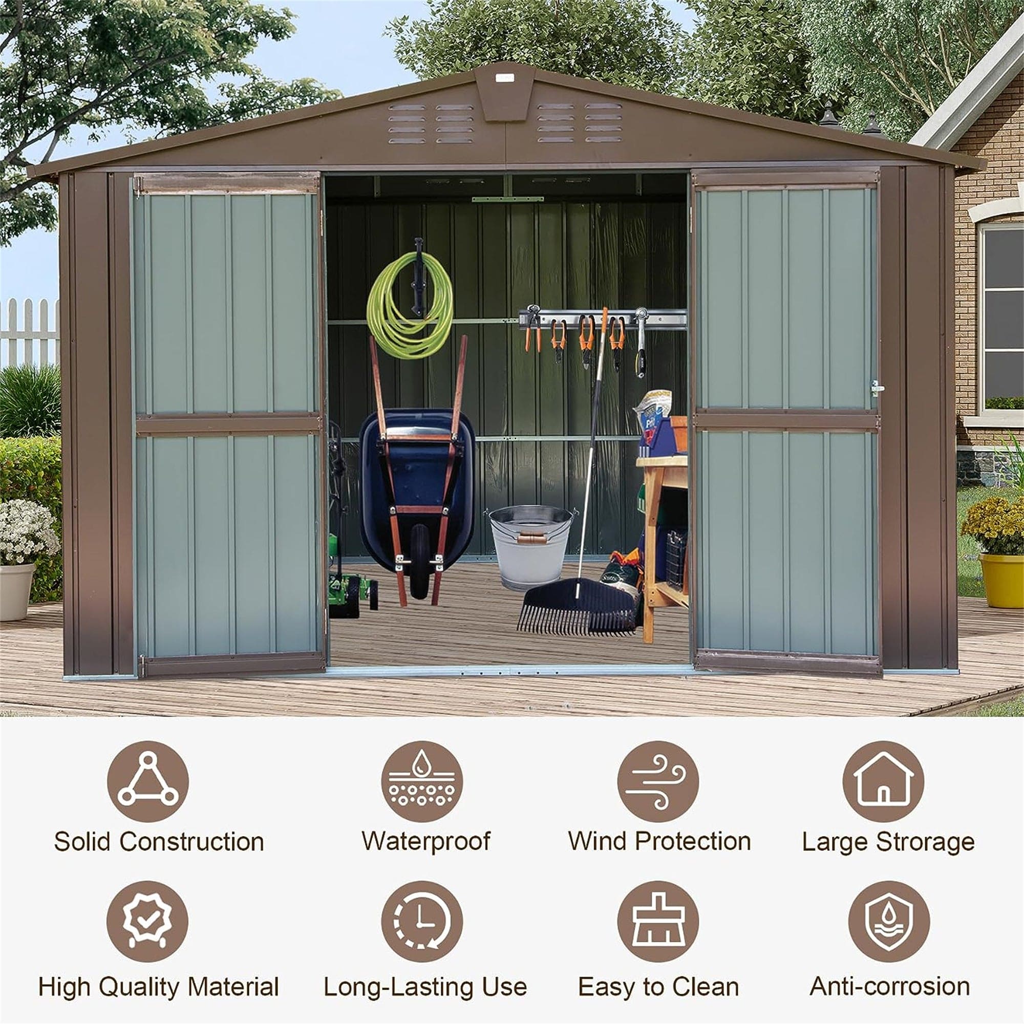 Outdoor Storage Shed 10'x8', Metal Tool Sheds Storage House with Lockable Double Door,Large Bike Shed Waterproof for Garden,Backyard,Lawn(Brown)