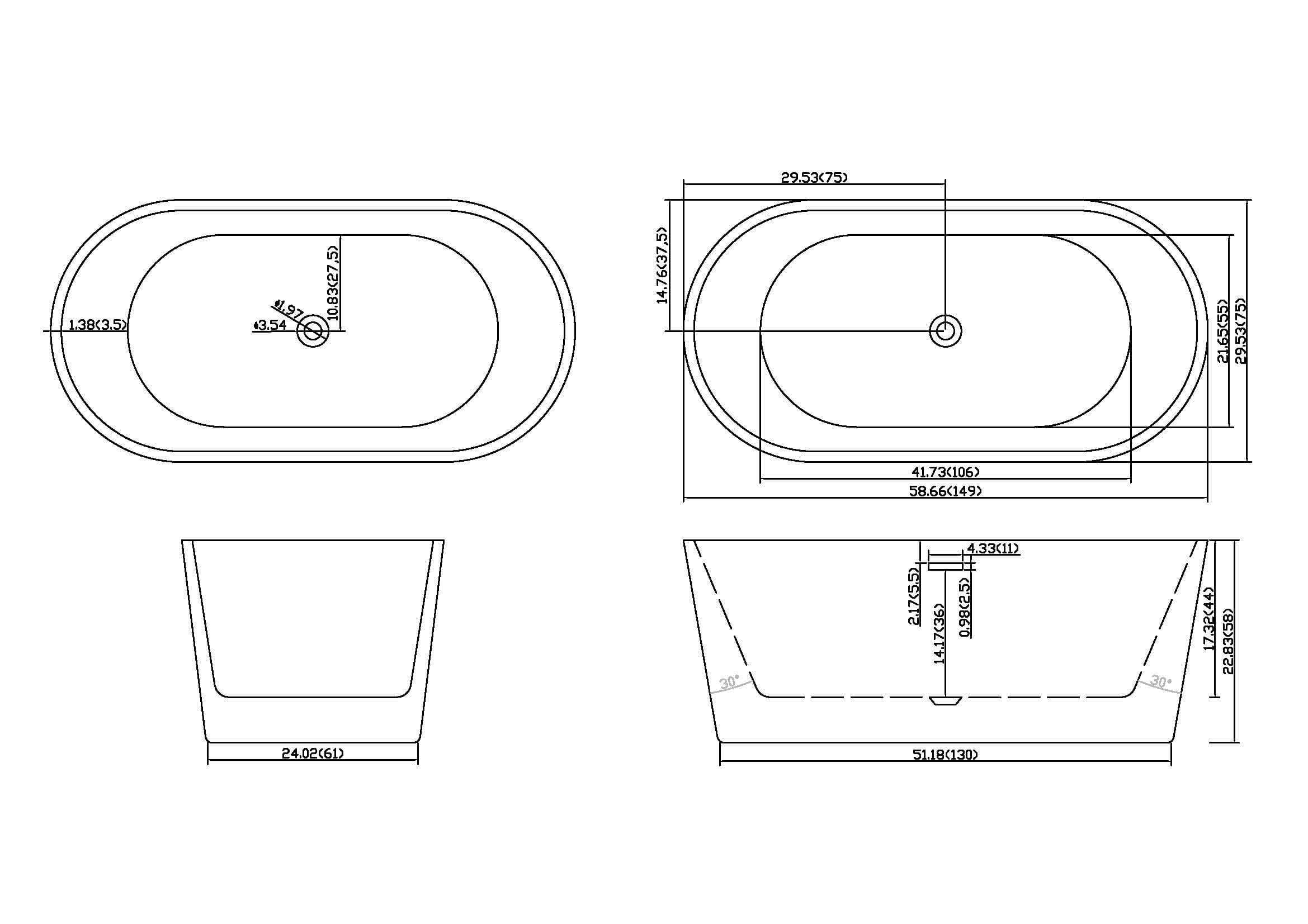 59" Acrylic Freestanding Bathtub-Acrylic Soaking Tubs, White Bathtub, Oval Shape Black Freestanding Bathtub With Chrome Overflow and Pop Up Drain