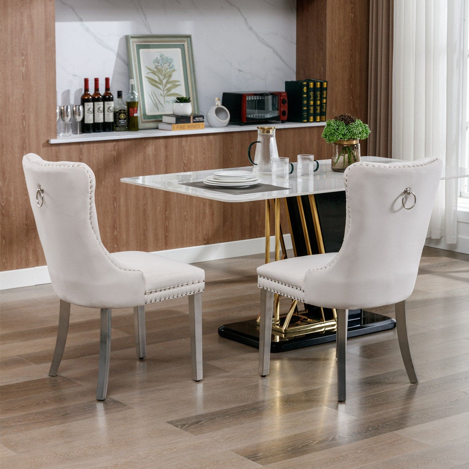 Nikki Collection Modern, High-end Tufted Solid Wood Contemporary Velvet Upholstered Dining Chair with Chrome Stainless Steel Plating Legs,Nailhead Trim,Set of 2，Beige and Chrome, SW1701BG