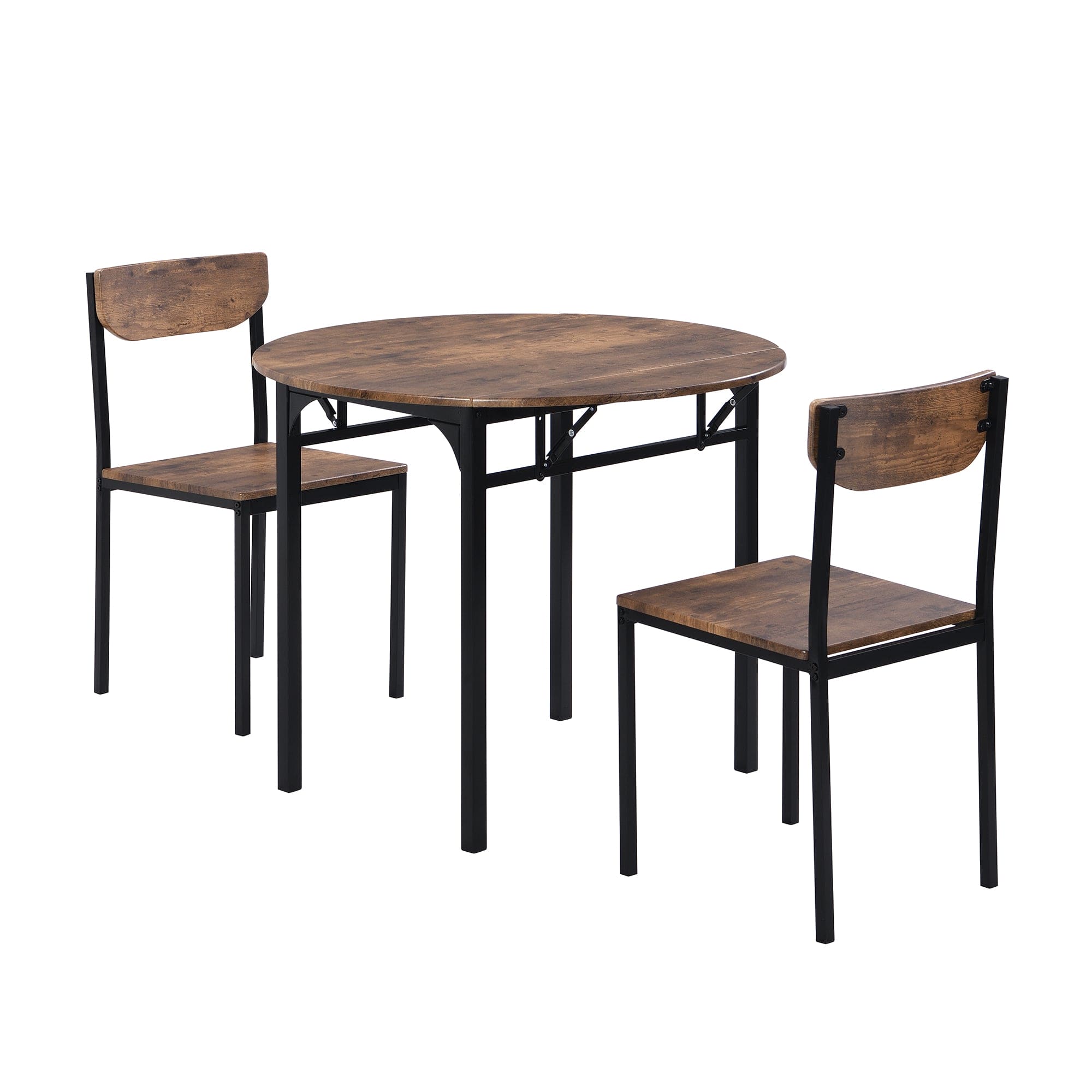 TOPMAX Modern 3-Piece Round Dining Table Set with Drop Leaf and 2 Chairs for Small Places,Black Frame+Rustic Brown Finish