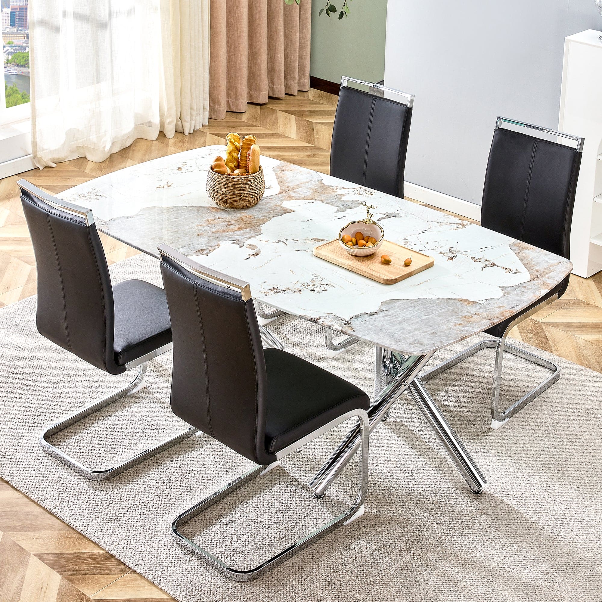 Large modern minimalist rectangular dining table suitable for 6-8 people, equipped with a 0.39 "imitation marble tabletop and metal legs,for Kitchen Dining Living Meeting Room Banquet hall,71"x 40"x30