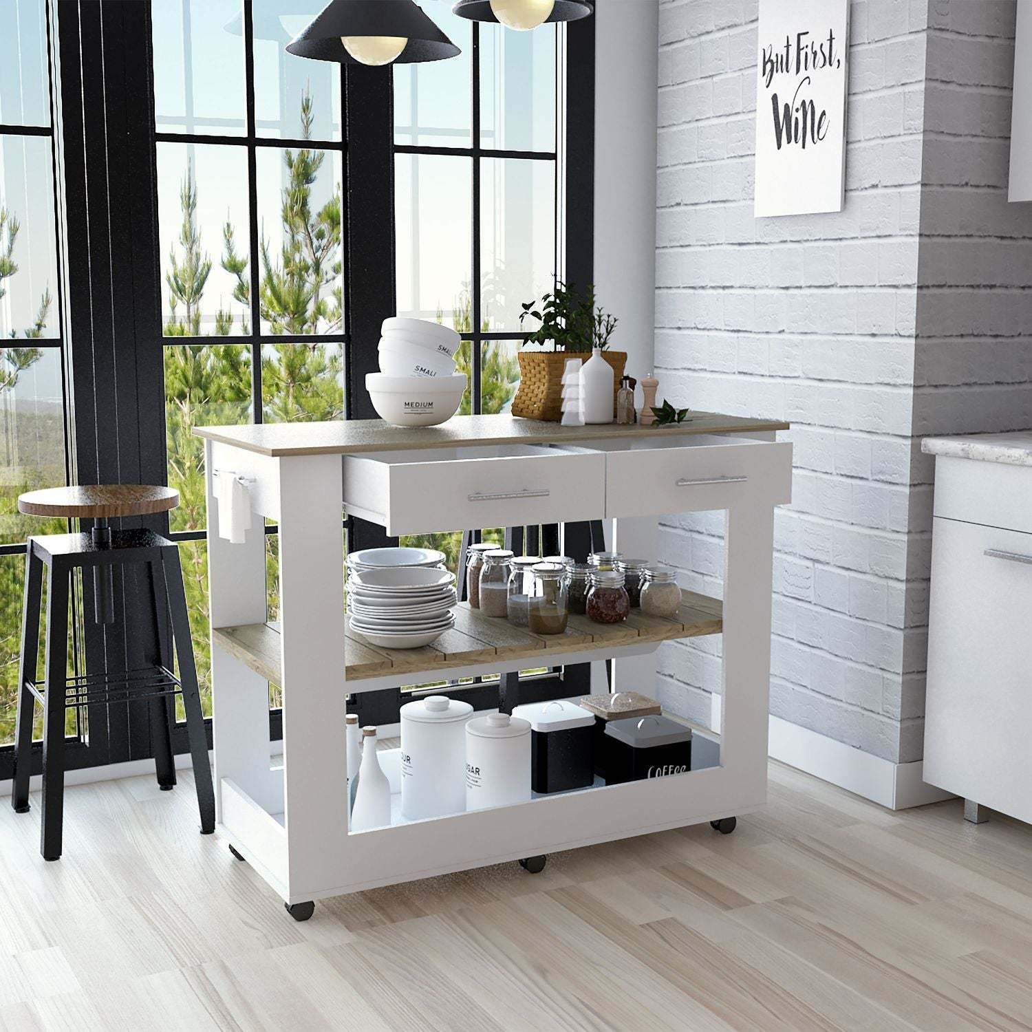 DEPOT E-SHOP Delos 46 Kitchen Island White, Six Casters, Two Drawers, Lower Open Shelf, White / Light Oak