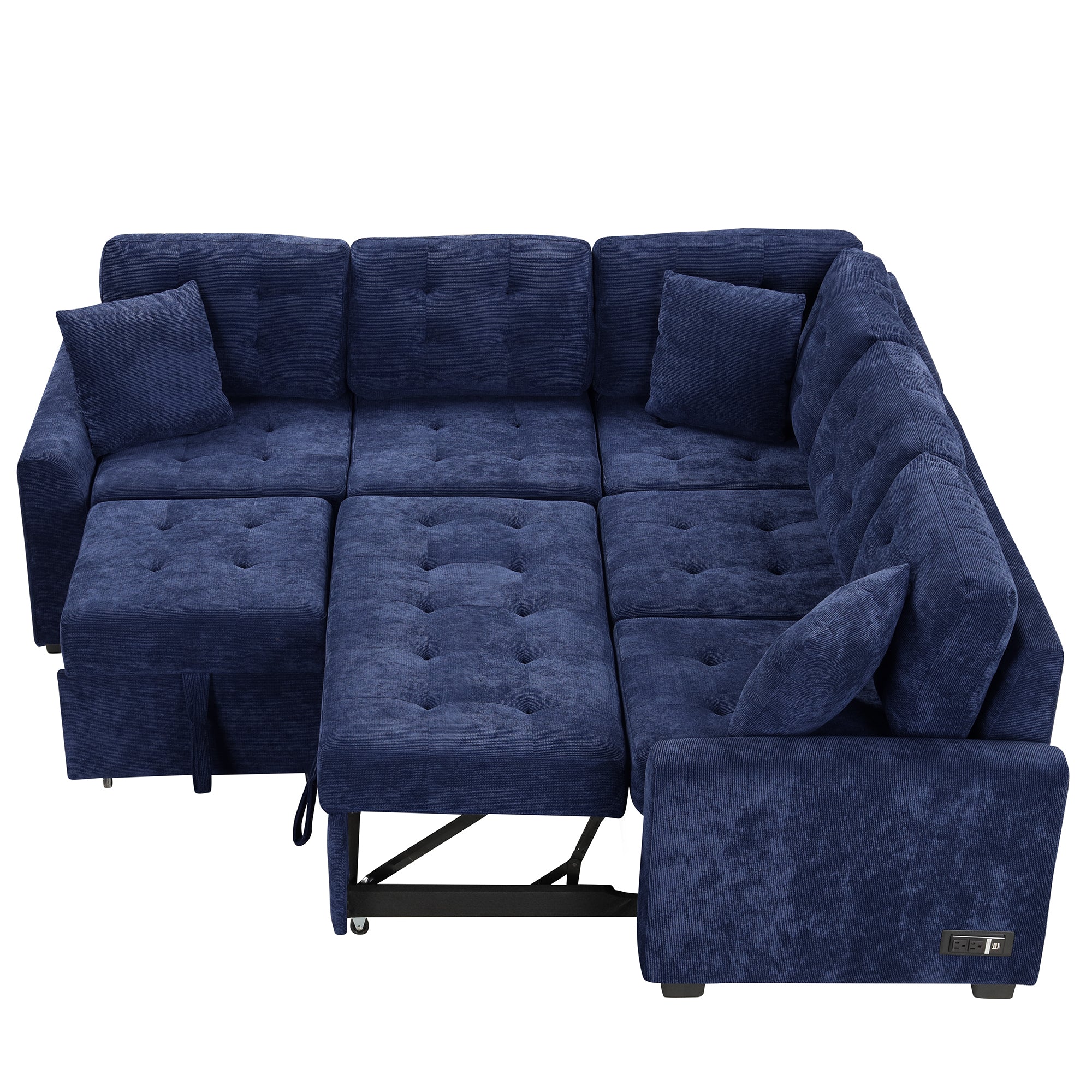 82.6" L-shape Sofa Bed Pull-out Sleeper Sofa with Wheels, USB Ports, Power Sockets for Living Room, Navy Blue