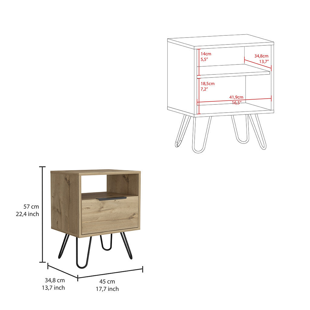 Nightstand Skyoner, Single Drawer, Hairpin Legs, Light Oak Finish