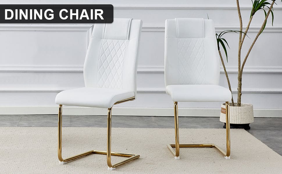 Modern dining chairs, dining room chairs, and golden leg cushioned chairs made of artificial leather, suitable for kitchens, living rooms, bedrooms, and offices. Set of 4 pieces (white+PU)C-001