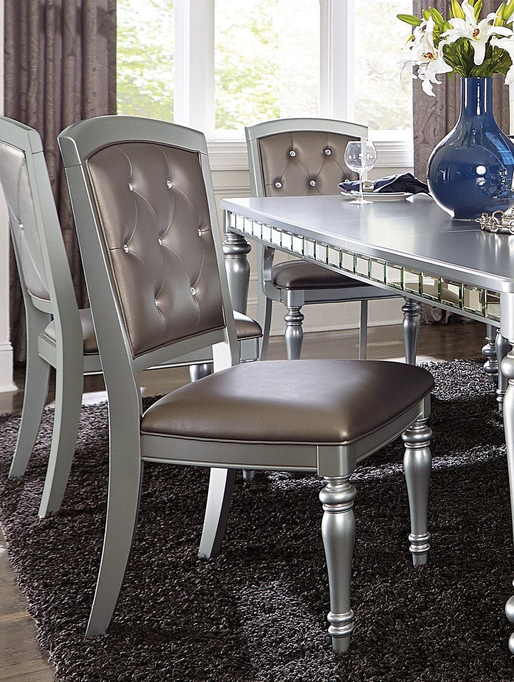 Glamorous 2pc Set Wooden Side Chairs Silver Finish Crystal Button Tufted Faux Leather Upholstered Dining Chairs