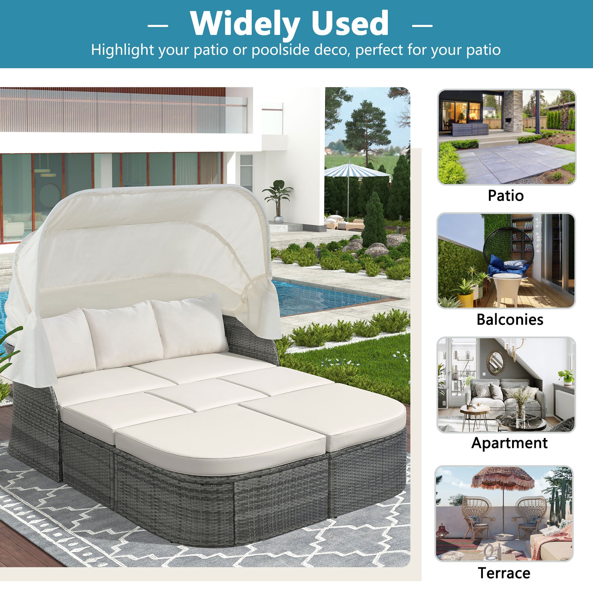 U_STYLE Outdoor Patio Furniture Set Daybed Sunbed with Retractable Canopy Conversation Set Wicker Furniture (As same as WY000281AAE)