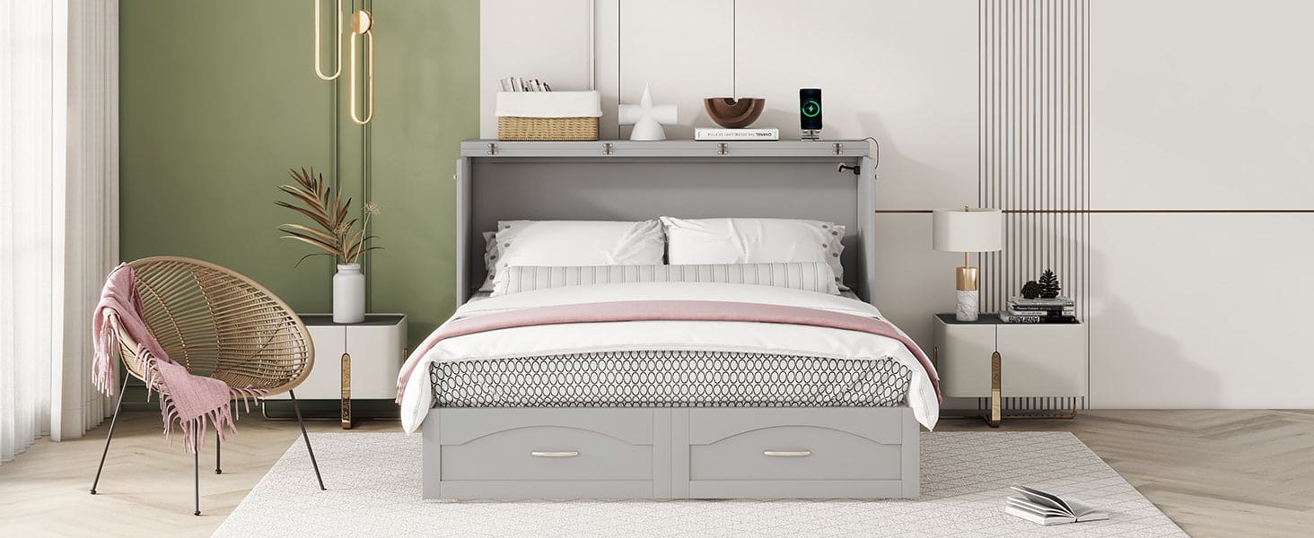 Queen Size Murphy Bed Wall Bed with drawer and a set of Sockets & USB Ports, Pulley Structure Design, Gray