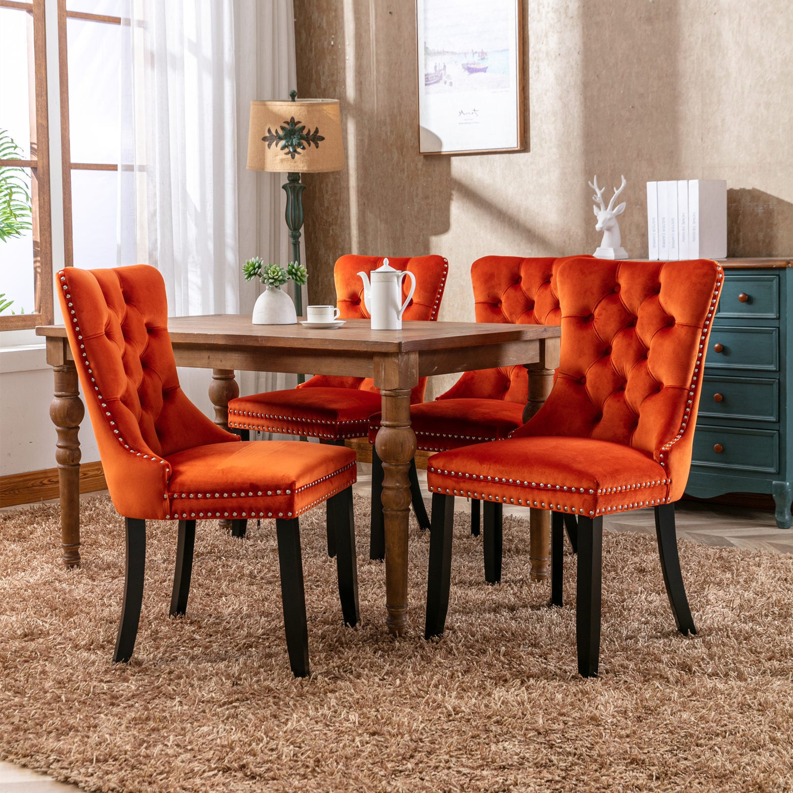 Nikki Collection Modern, High-end Tufted Solid Wood Contemporary Velvet Upholstered Dining Chair with Wood Legs Nailhead Trim 2-Pcs Set, Orange, SW2001OG