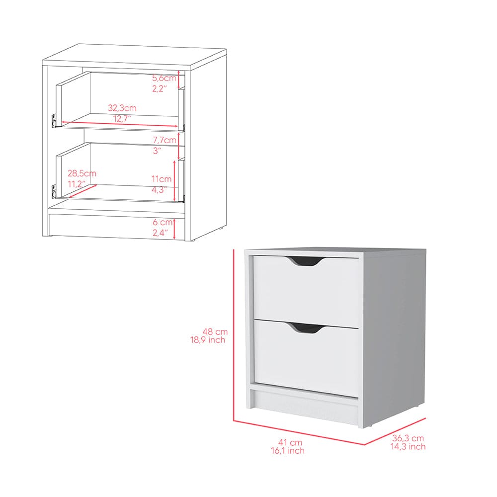 Nightstand Gandu, Two Drawers, White Finish