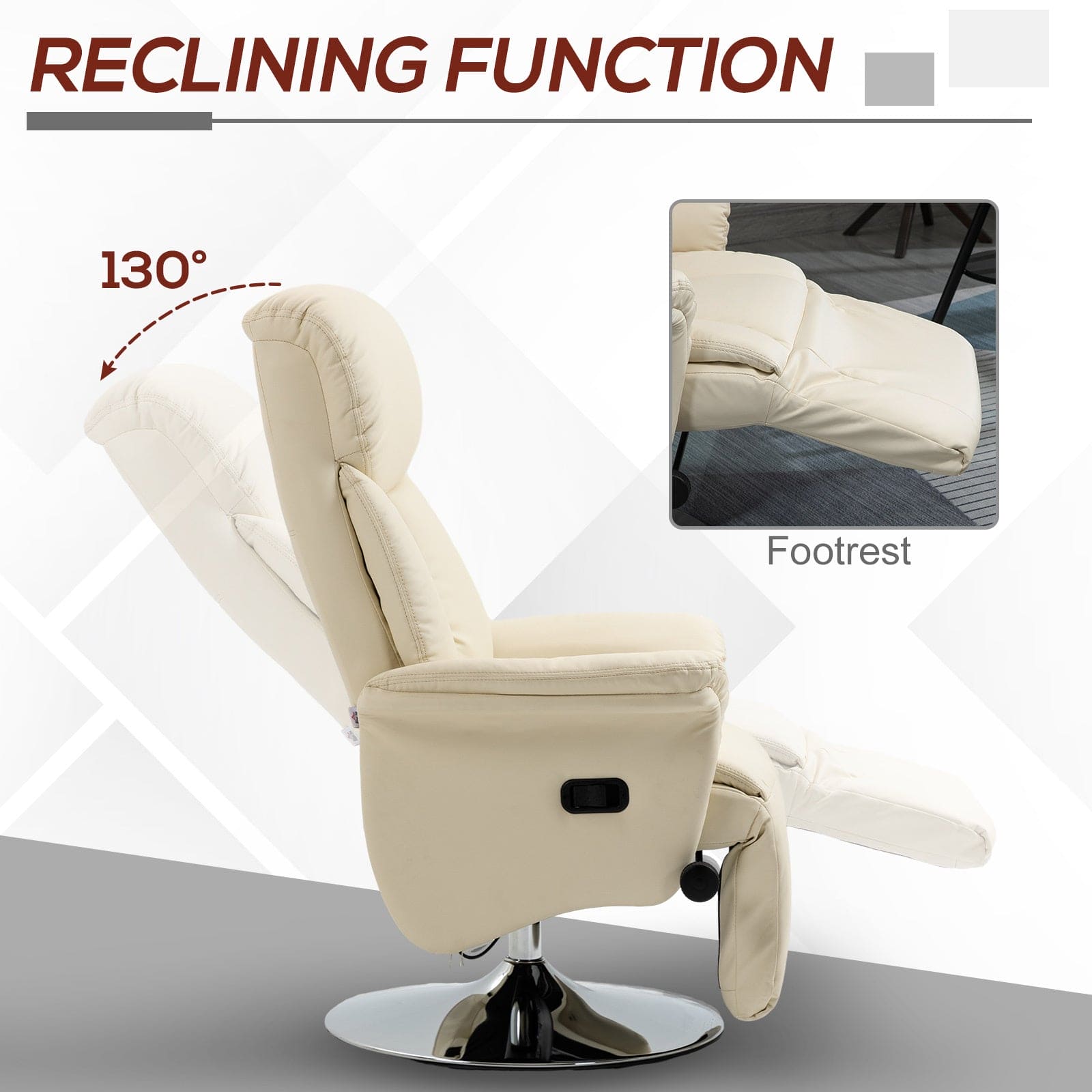 HOMCOM Manual Recliner Chair for Adults, Adjustable Swivel Recliner with Footrest, Padded Arms, PU Leather Upholstery and Steel Base for Living Room, Cream White