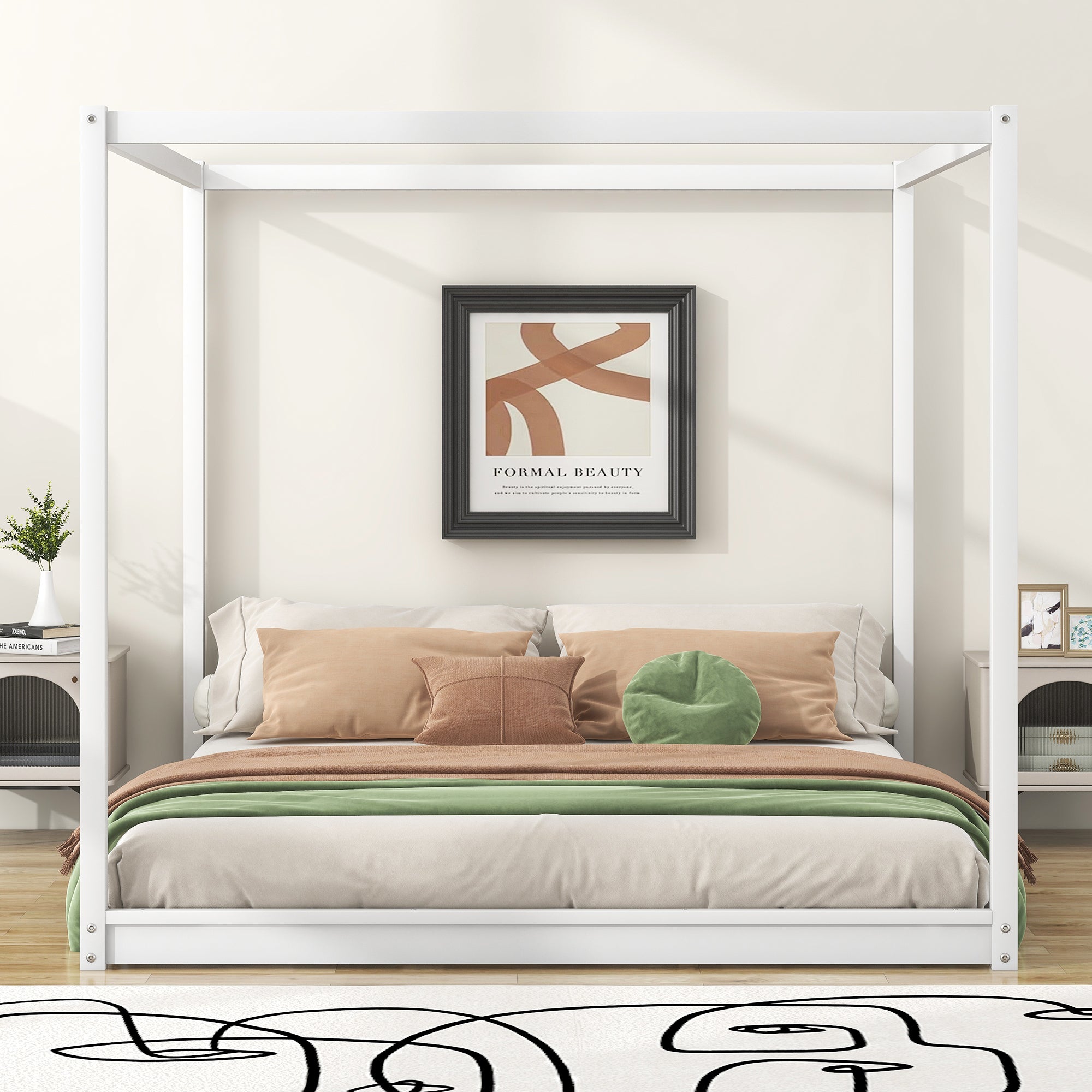 King Size Canopy Platform Bed with Support Legs,White