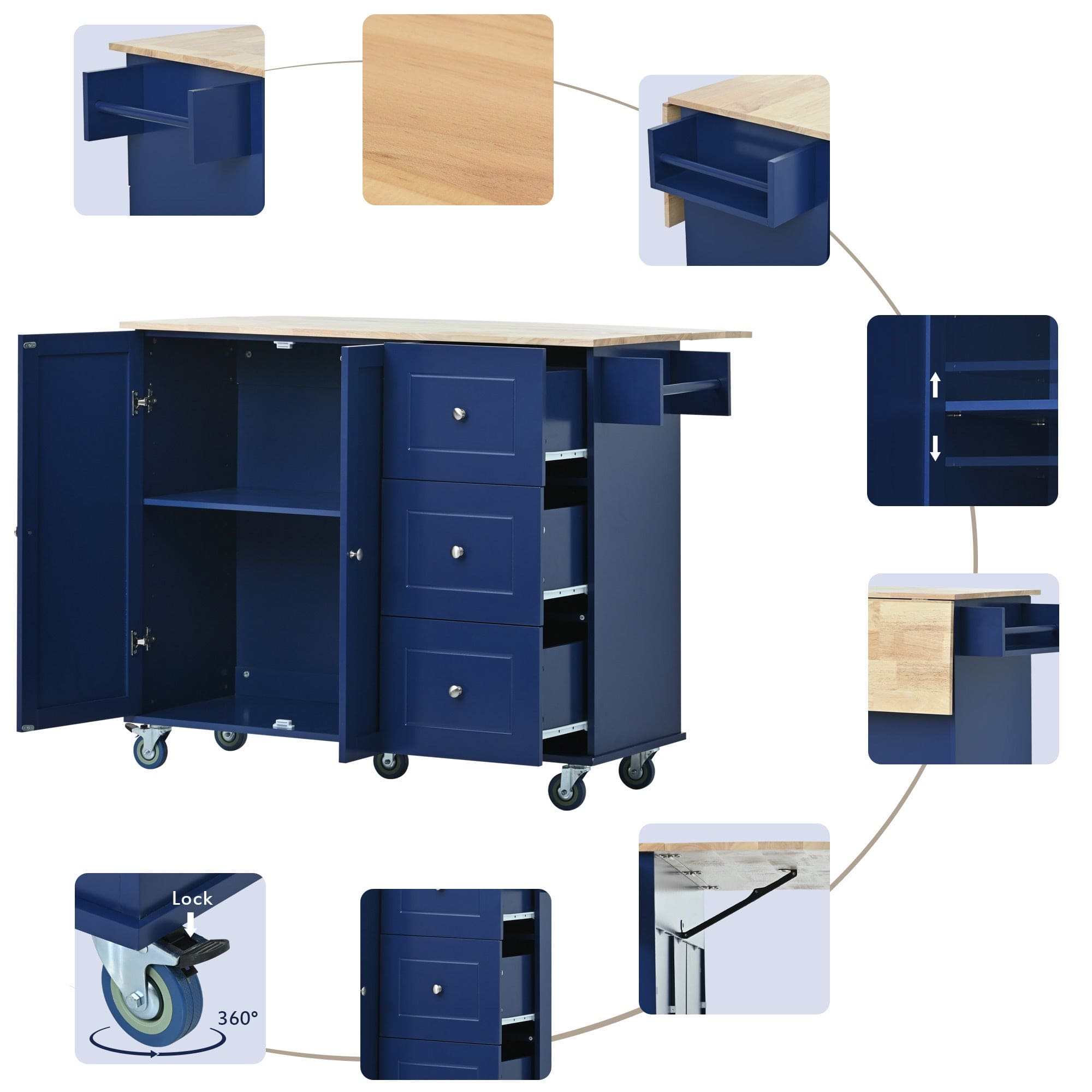 Rolling Mobile Kitchen Island with Drop Leaf - Solid Wood Top, Locking Wheels & Storage Cabinet 52.7 Inch Width(Dark blue)