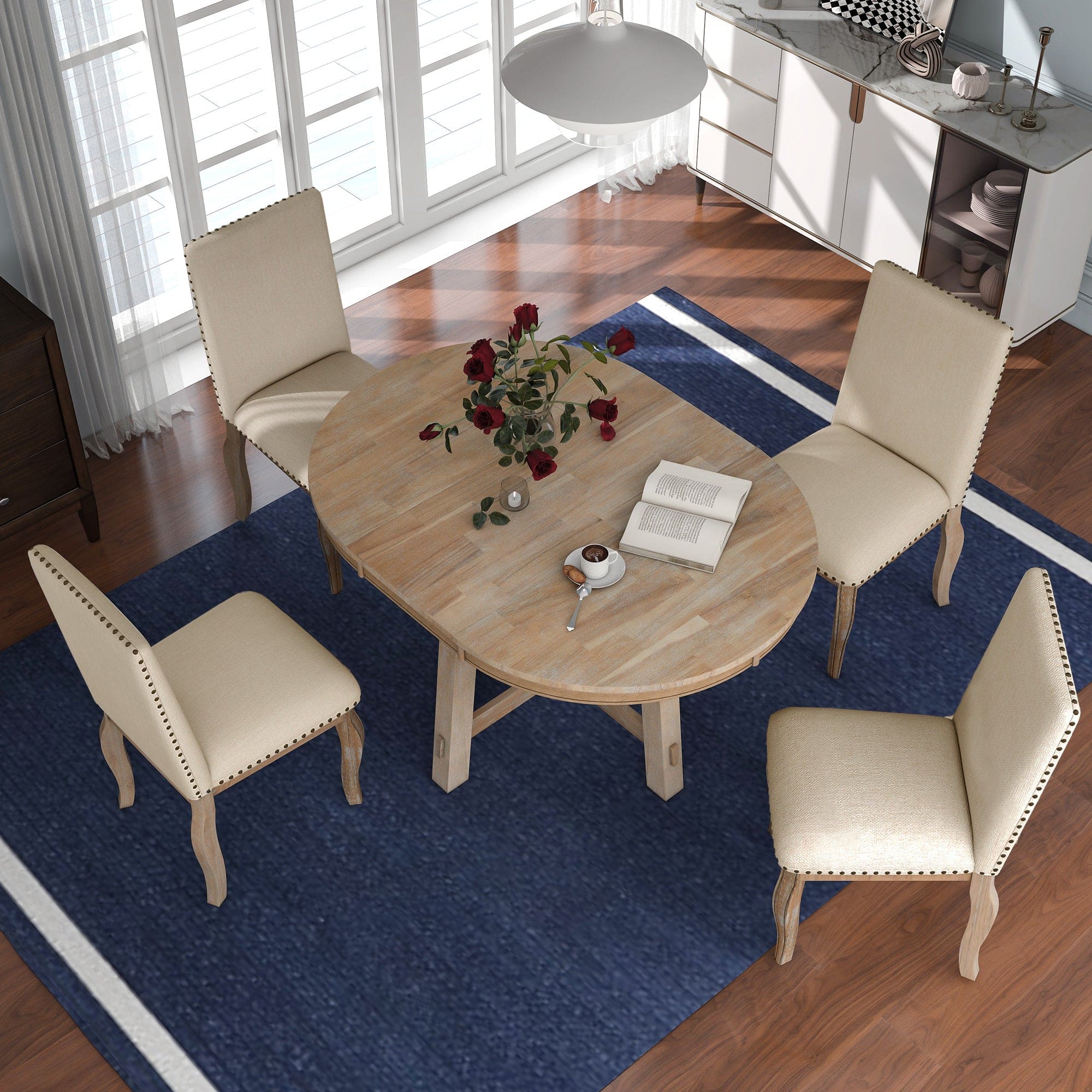 TREXM 5-Piece Farmhouse Dining Table Set Wood Round Extendable Dining Table and 4 Upholstered Dining Chairs (Natural Wood Wash)