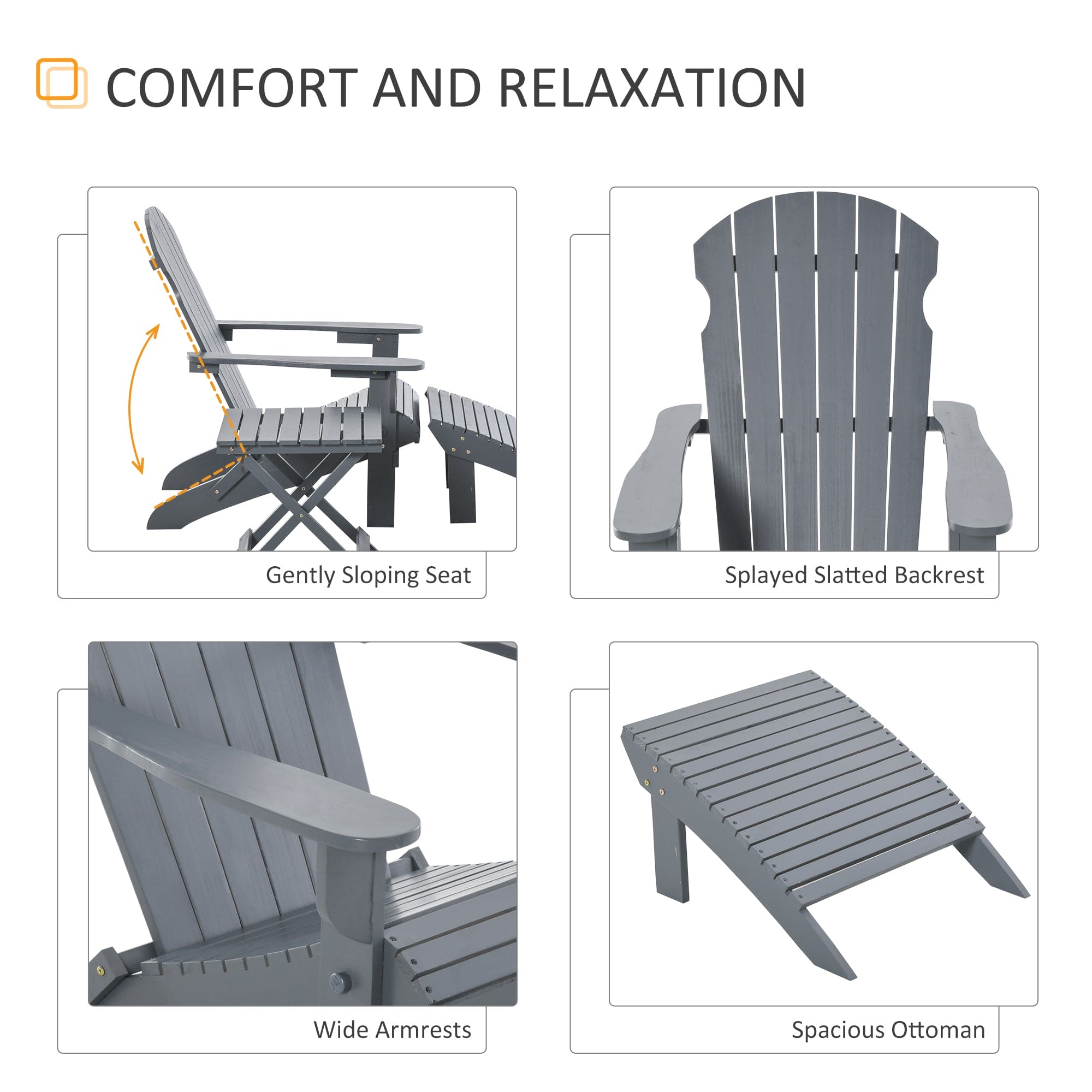 Outsunny 3-Piece Folding Adirondack Chair with Ottoman and Side Table, Outdoor Wooden Fire Pit Chairs w/ High-back, Wide Armrests for Patio, Backyard, Garden, Lawn Furniture, Gray