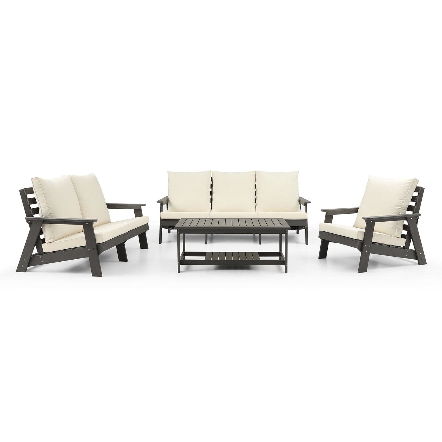 HIPS Loveseat with Cushion, Wood Grain Outdoor Garden Sofa, Sofa Set for Porch, Poolside, Terrace, and Yard Grey/Beige