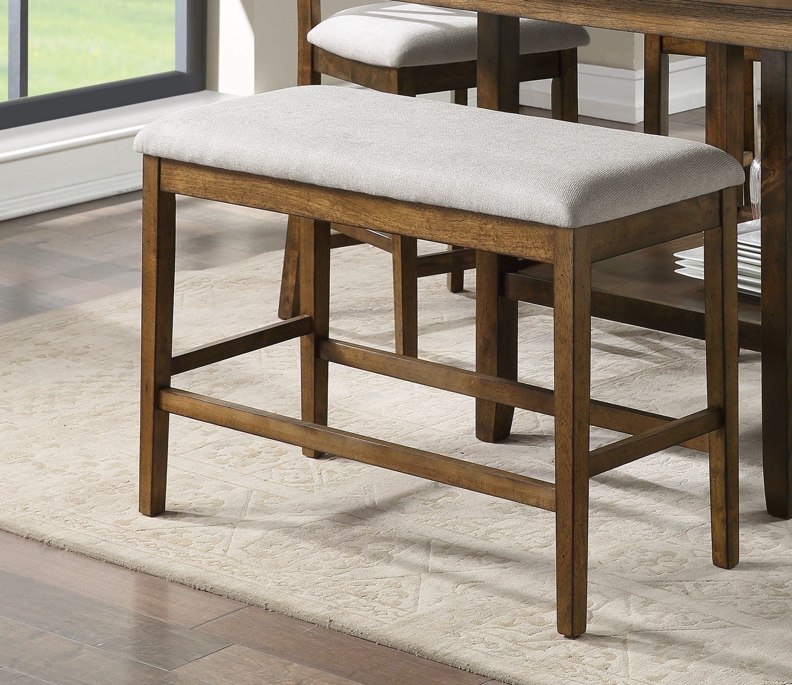 Wooden Frame Counter Height Bench Light Oak Finish Mindy Veneer Gray Textured Fabric Upholstery Dining Room Furniture