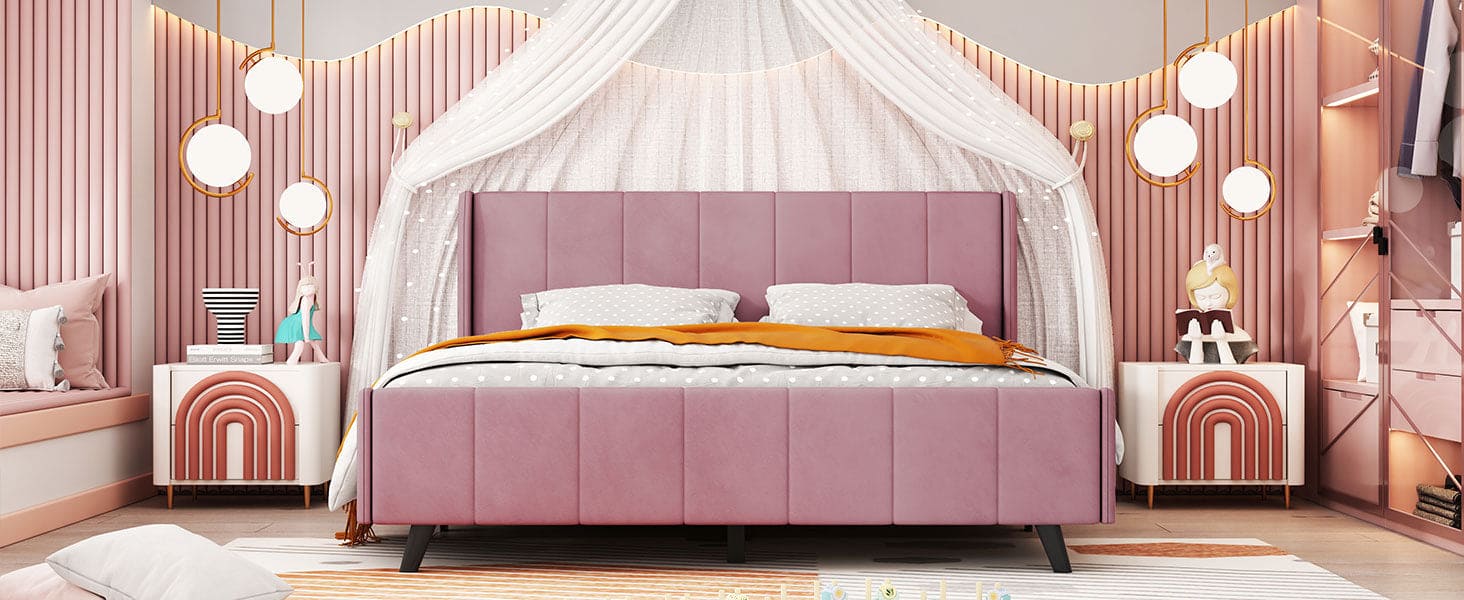 Queen Size Upholstered Platform Bed, Velvet, Pink