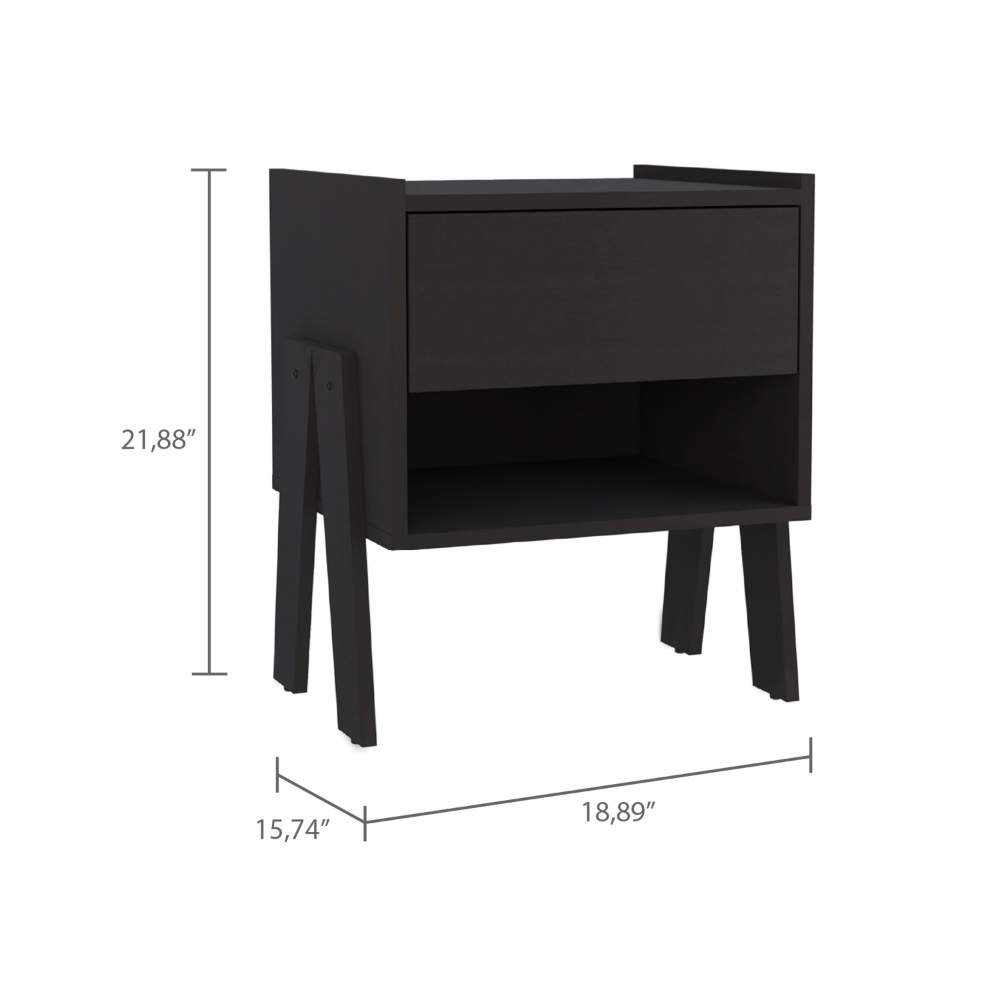 Joy Nightstand, Four Legs, One Open Shelf, One Drawer  -Black