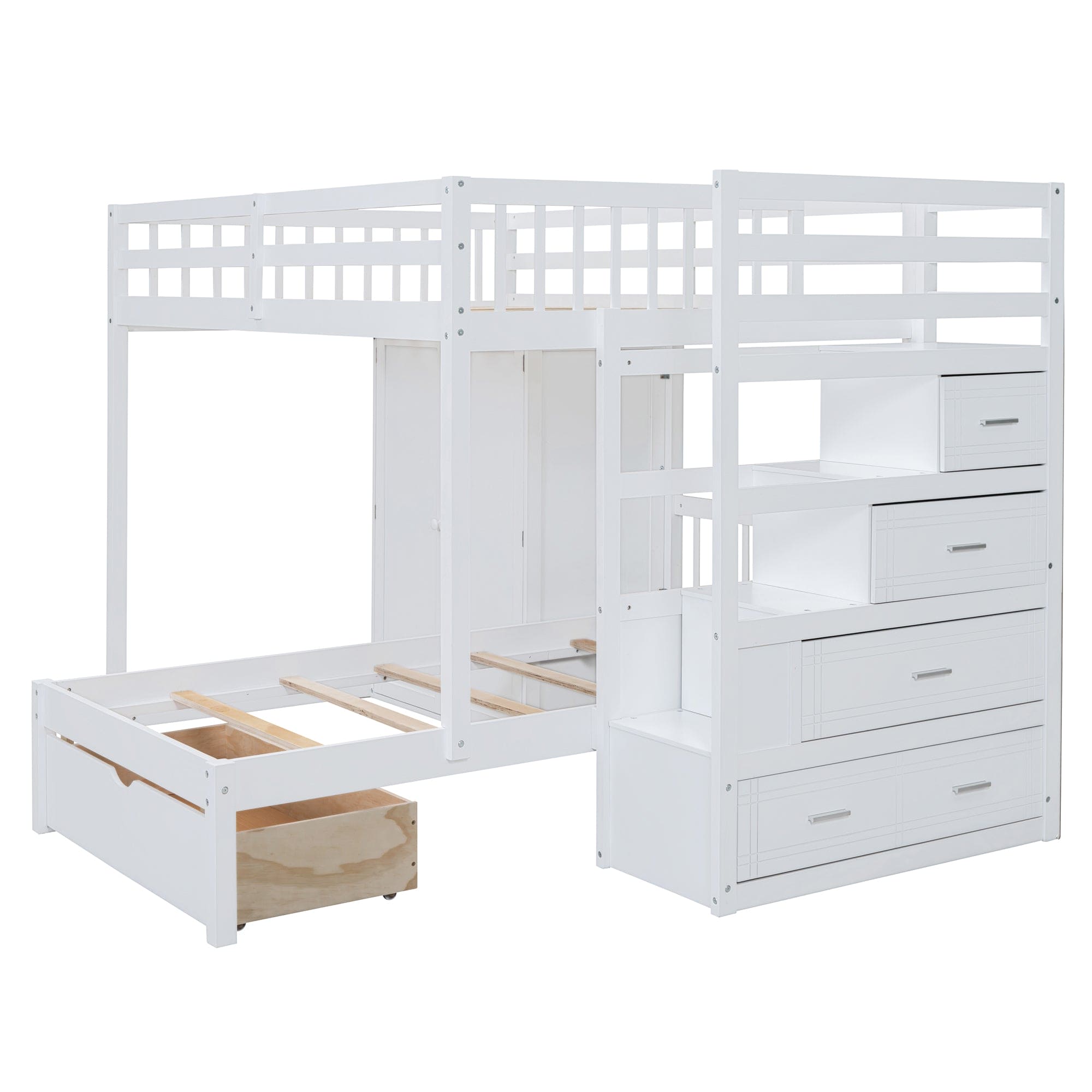 Full Over Twin Bunk Bed with Wardrobe, Drawers, White