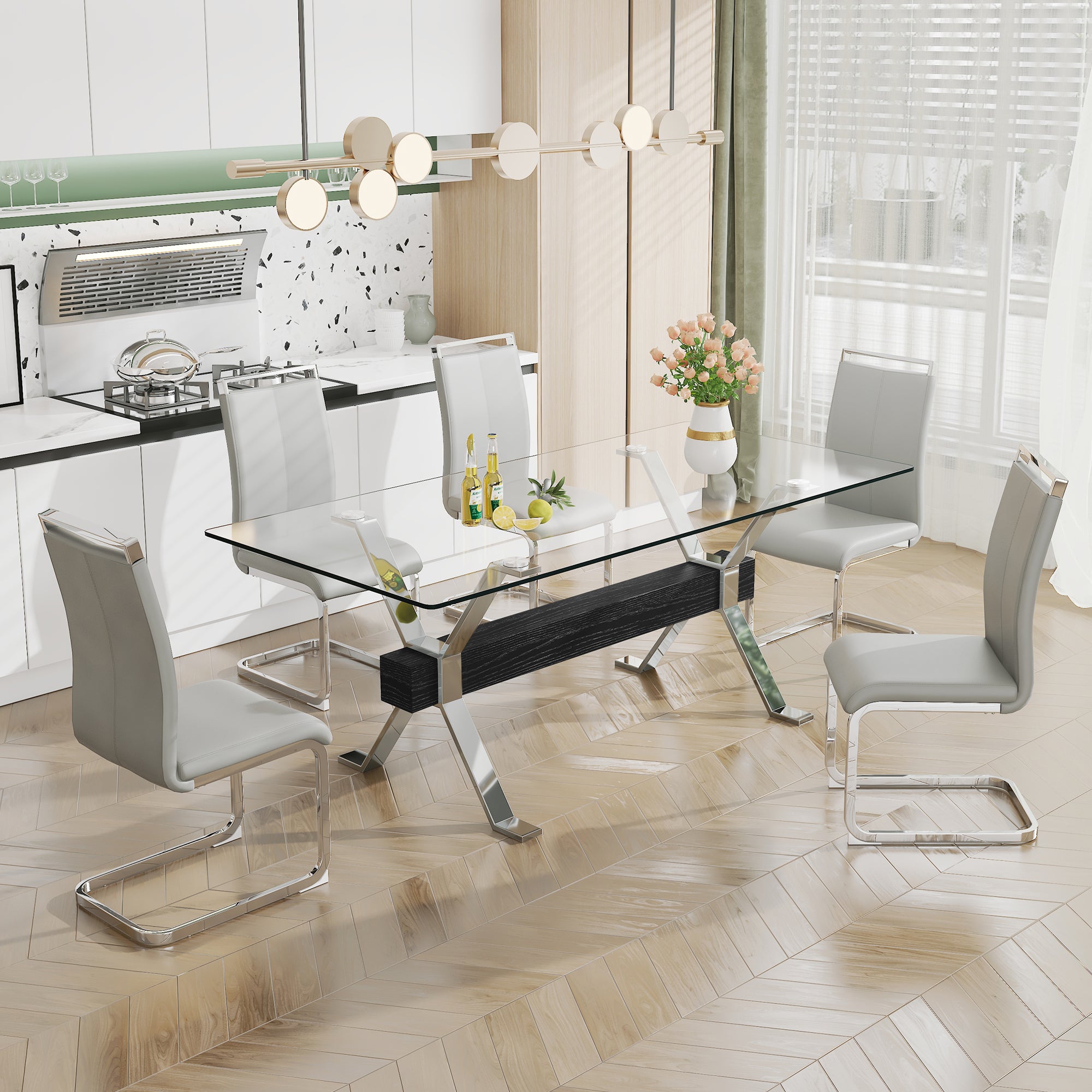 Dining table. Modern tempered glass dining table. Large modern office desk with silver plated metal legs and MDF crossbars, suitable for both home and office use. Kitchen. 79 ''x39''x30 '' 1105