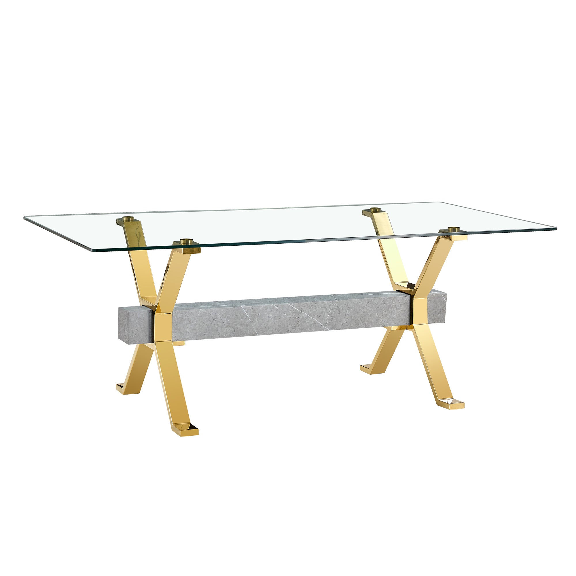 1 table and 8 chairs. Modern, simple and luxurious tempered glass rectangular dining table and desk with 8 white PU gold plated leg chairs 79''x39''x30''