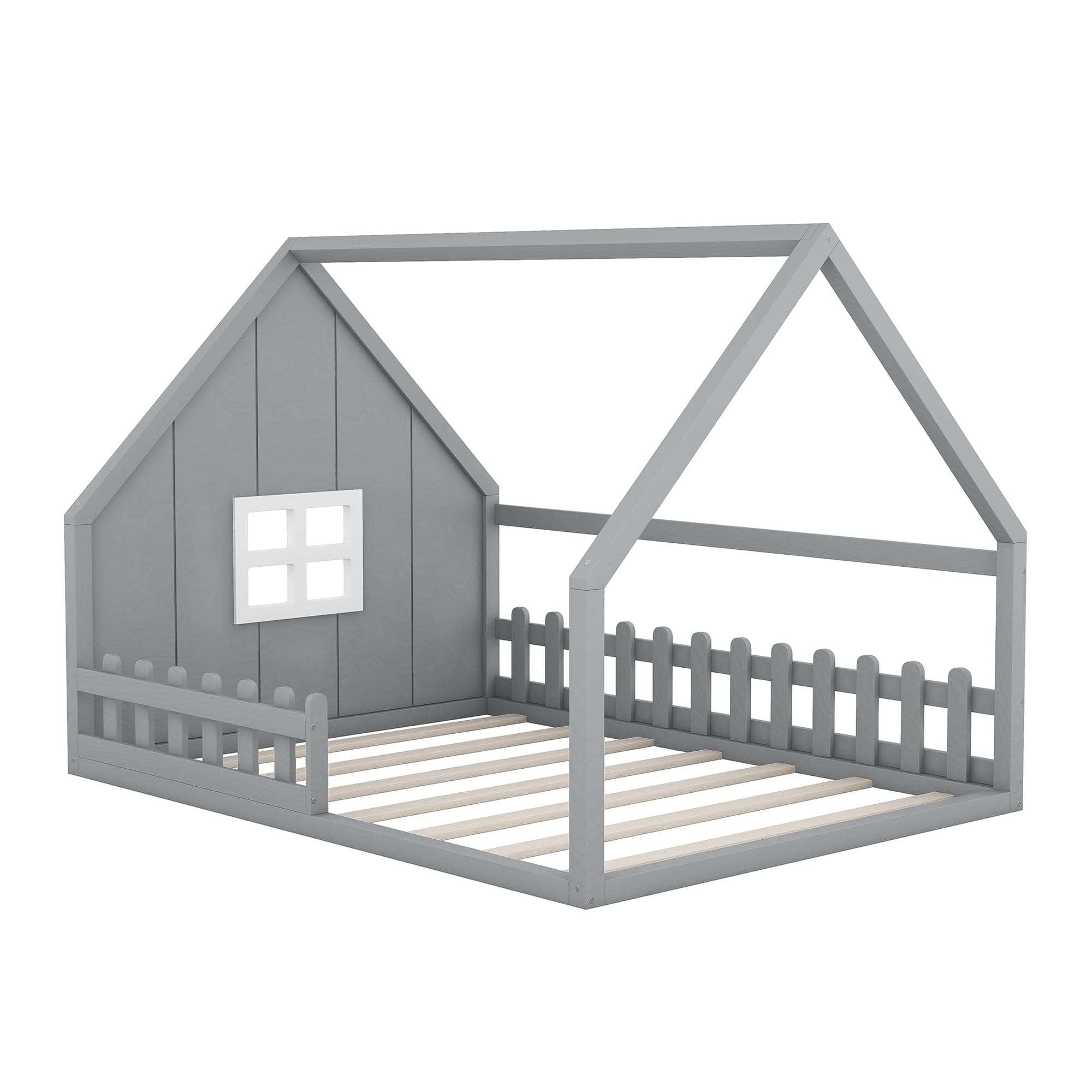 Full Size Wood House Bed with Window and Fence, Gray