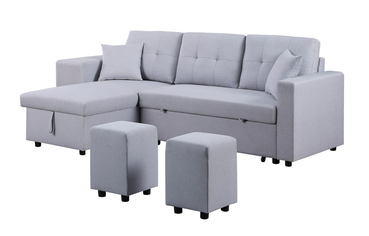 Dennis Light Gray Linen Fabric Reversible Sleeper Sectional with Storage Chaise and 2 Stools