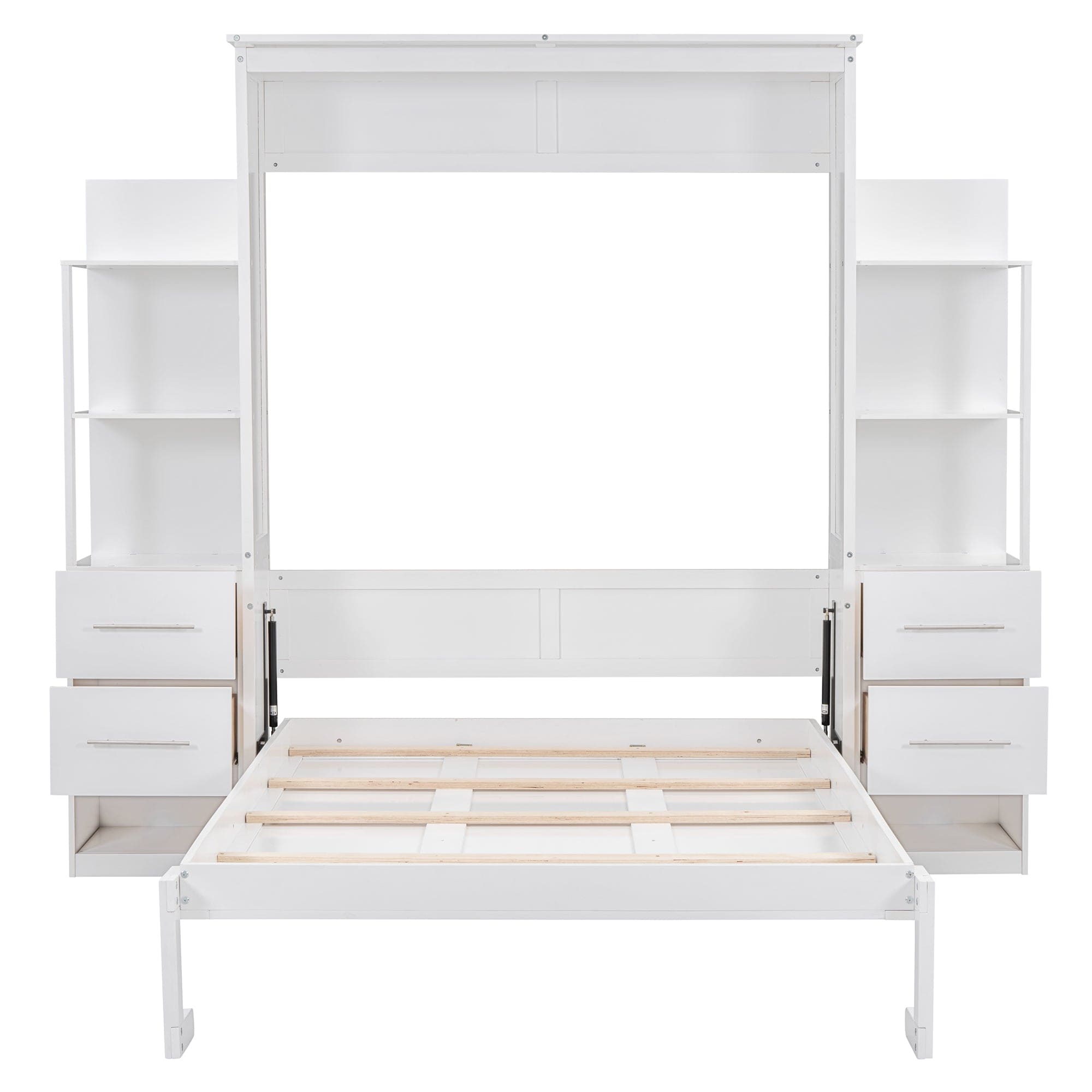 Full Size Murphy Bed Wall Bed with Shelves, Drawers and LED Lights,White