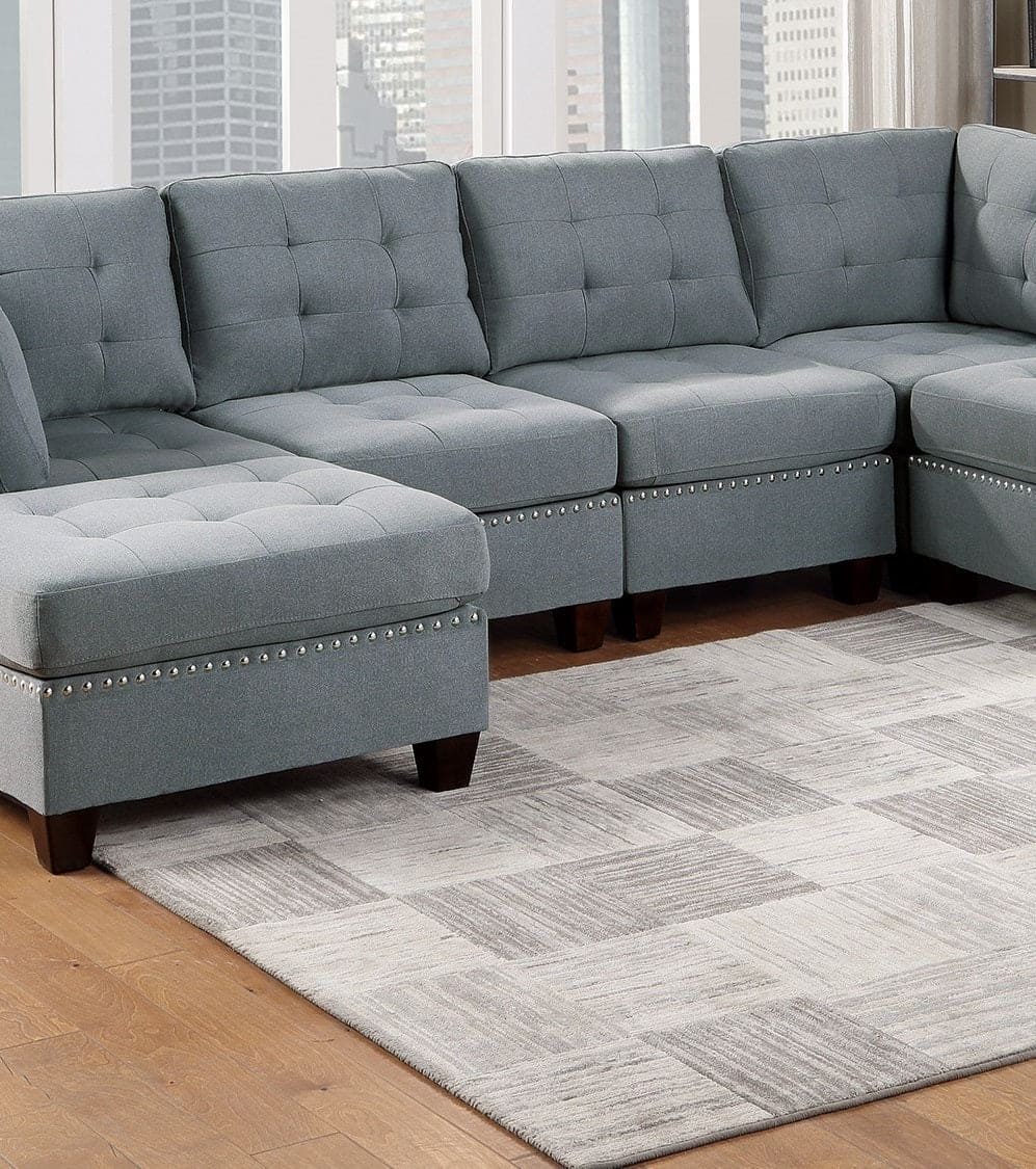 Modular Sectional 6pc Set Living Room Furniture U-Sectional Tufted Nail heads Couch Gray Linen Like Fabric 2x Corner Wedge 2x Armless Chairs and 2x Ottomans