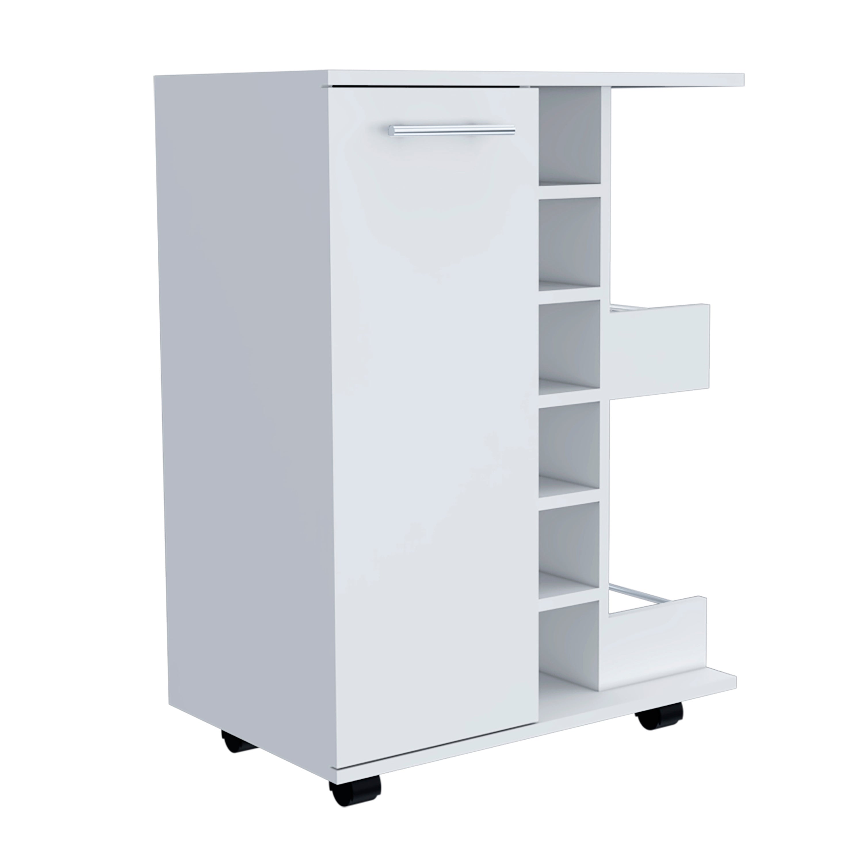 Bar Cart Wells, Four Casters, Six Wine Cubbies, Single Door Cabinet, White Finish