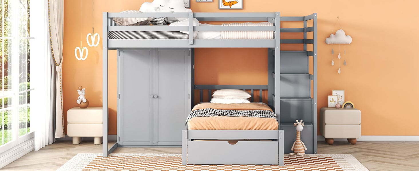 Full Over Twin Bunk Bed with Wardrobe, Drawers, Gray