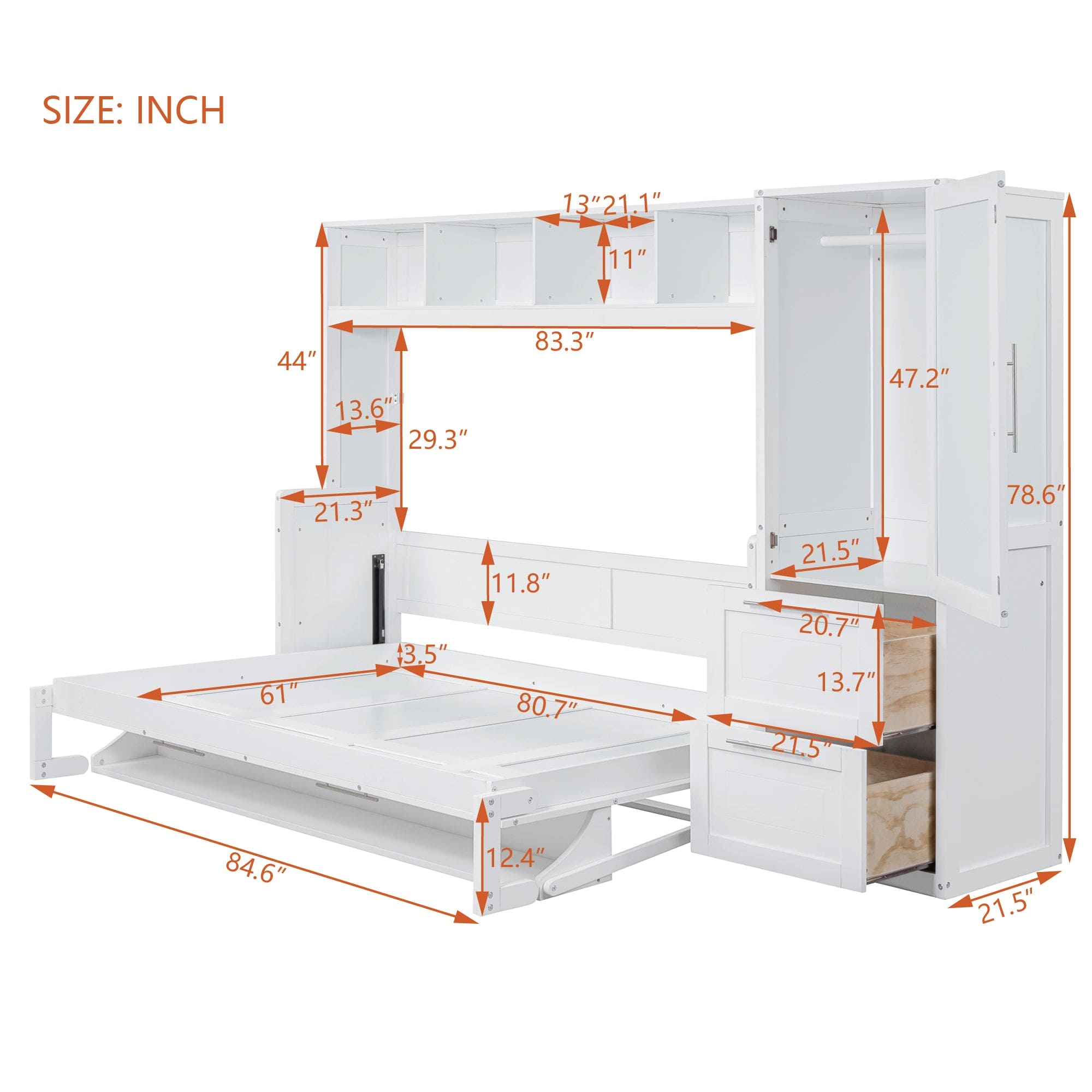 Queen Size Murphy Bed Wall Bed with Closet and Drawers,White