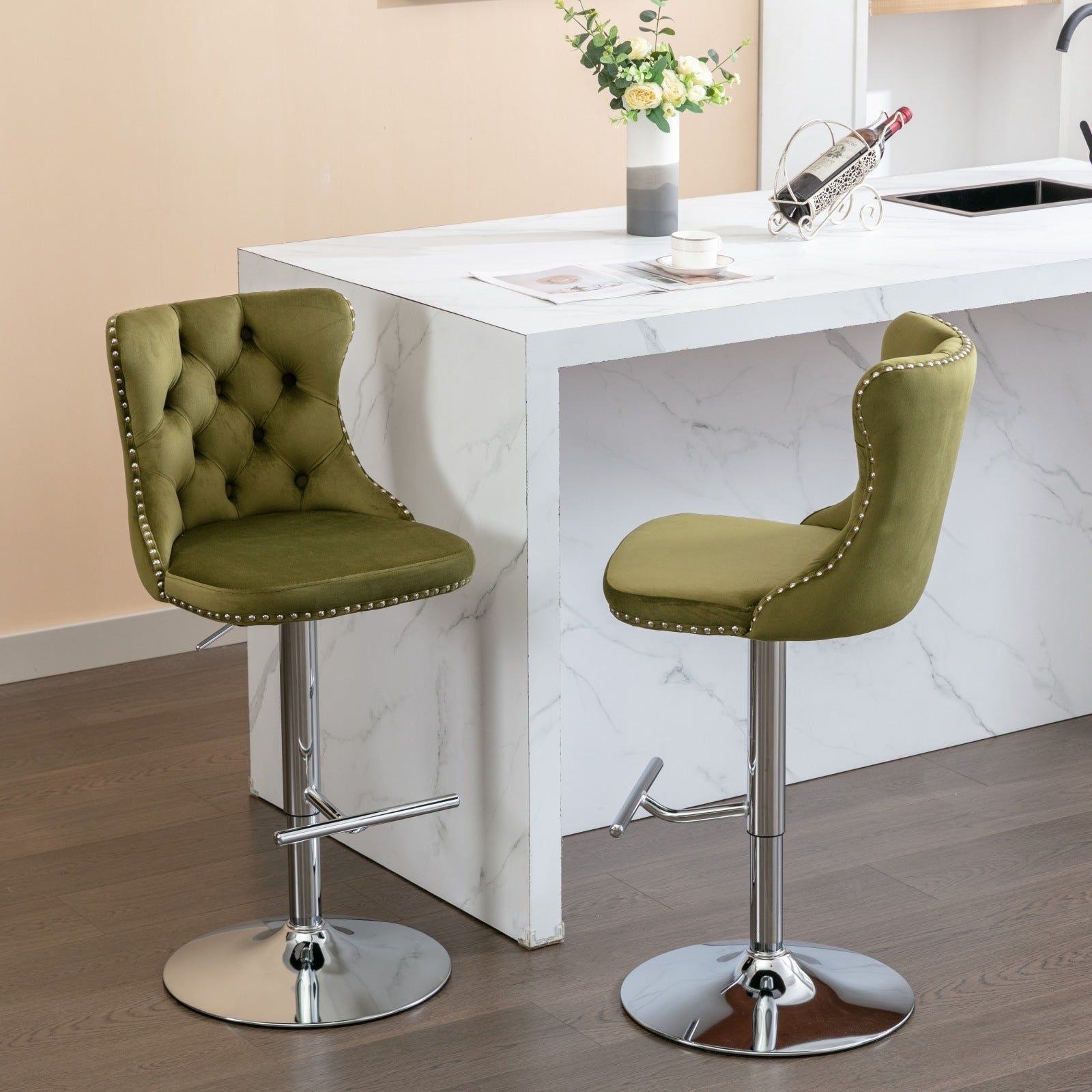 Swivel Velvet Barstools Olive-Green,Set of 2