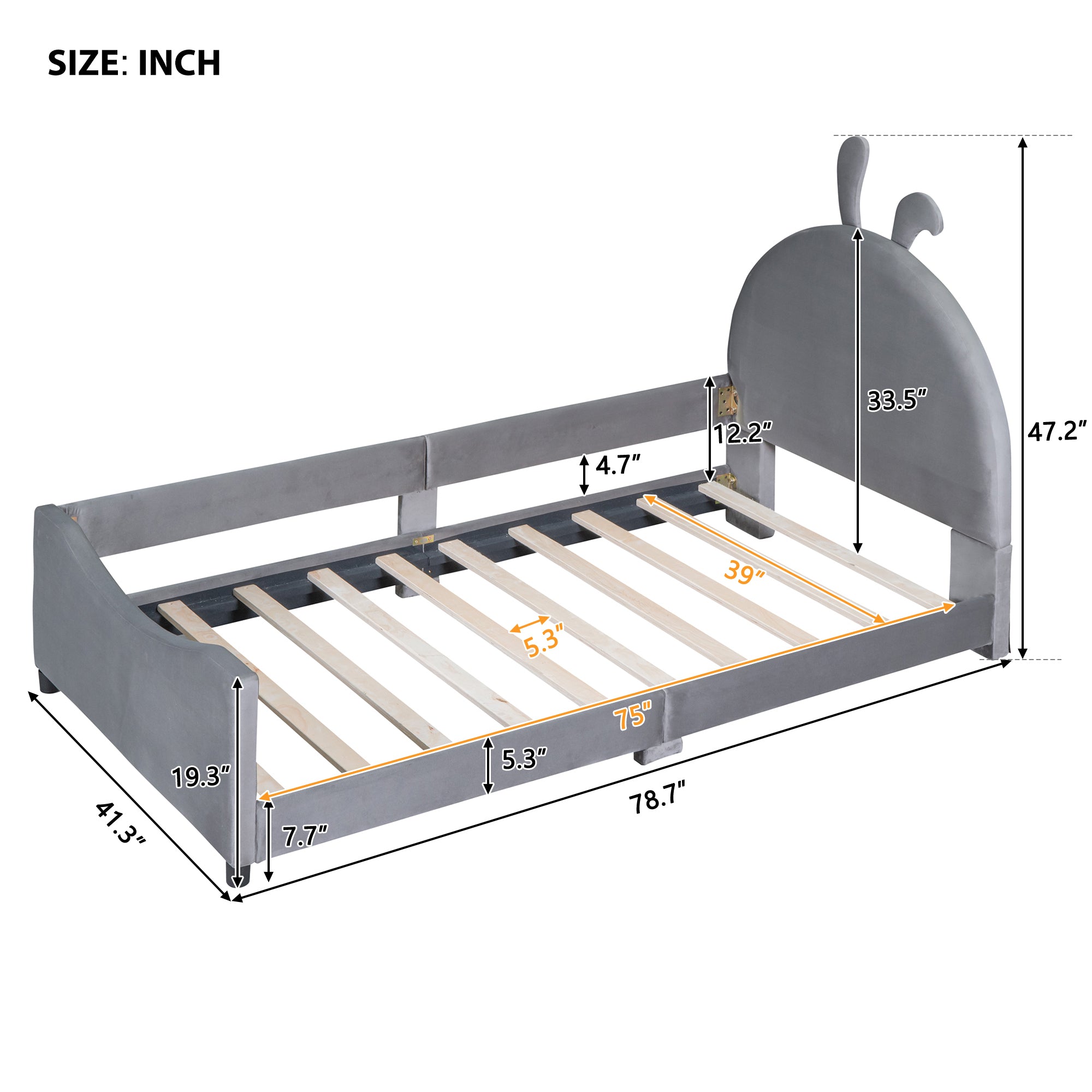 Twin Size Upholstered Daybed with Rabbit Ear Shaped Headboard, Gray