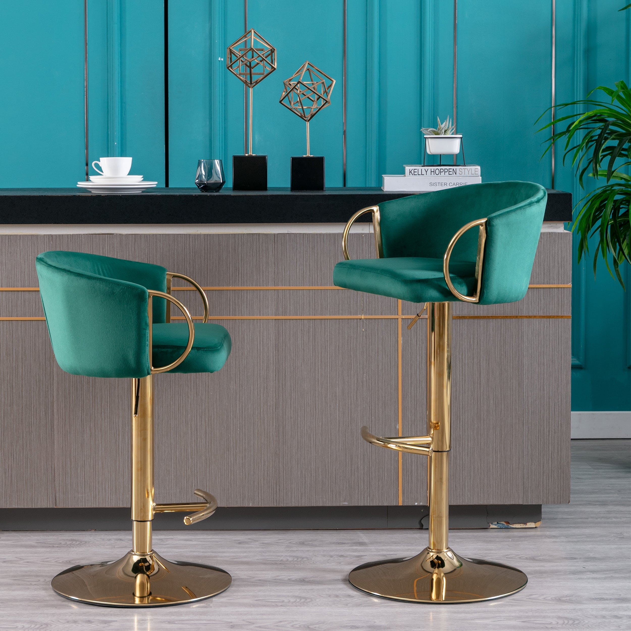 Set of 2  Bar Stools,with Chrome Footrest and Base Swivel Height Adjustable Mechanical Lifting Velvet + Golden Leg Simple Bar Stool-Green