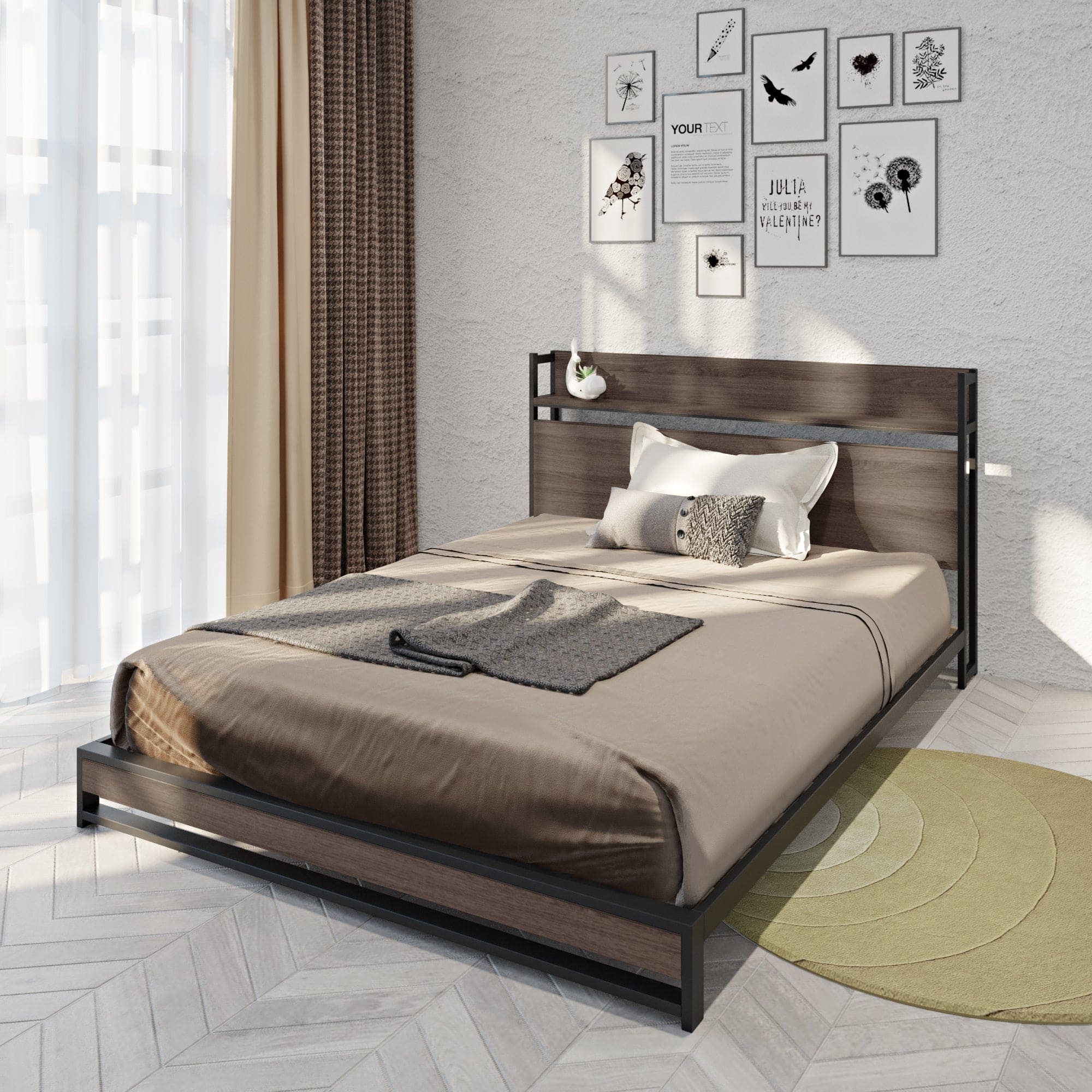 Platform Queen Bed with Socket, Fast Assemble Design