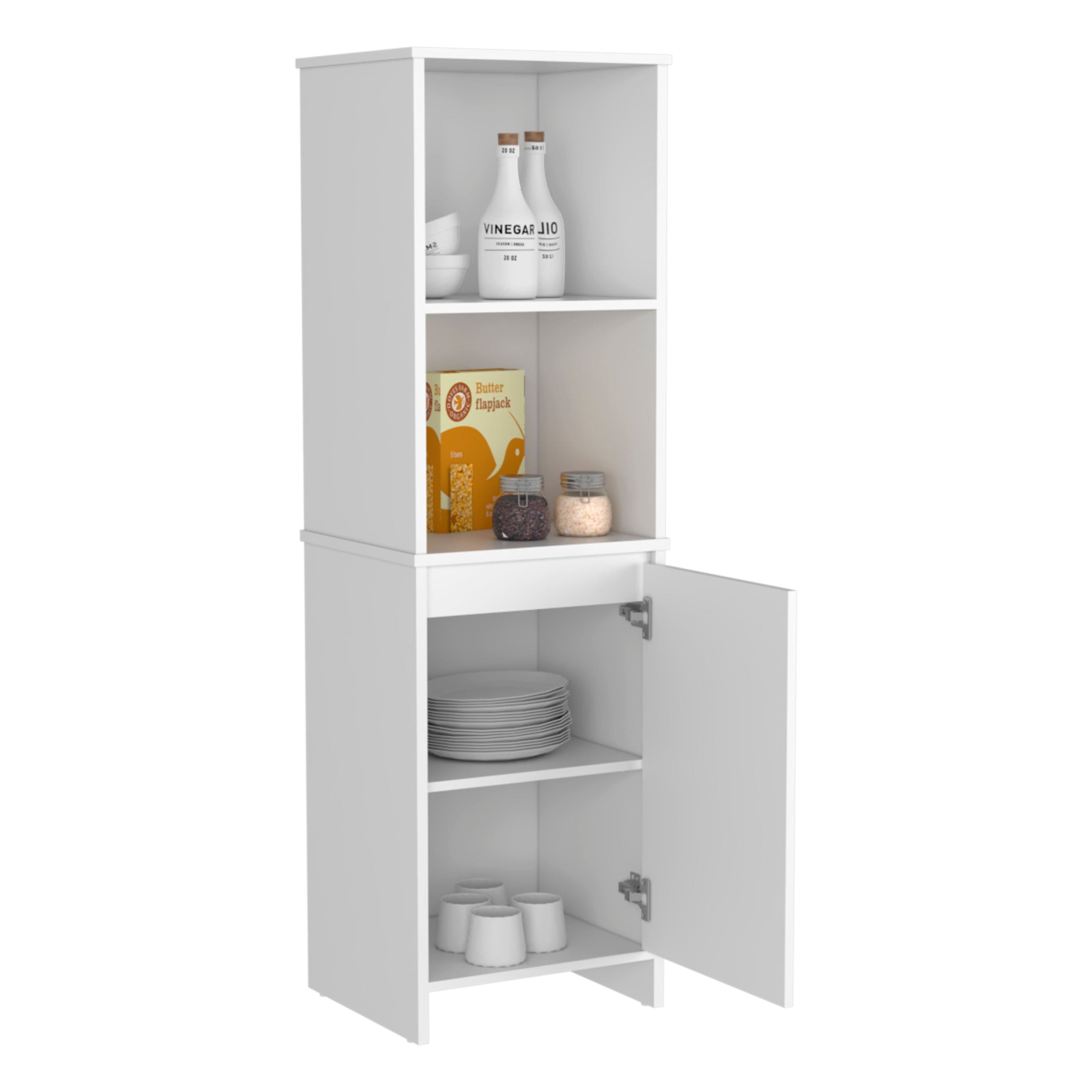 Kitchen Pantry Feery, Single Door Cabinet, Interior and External Shelves, White Finish