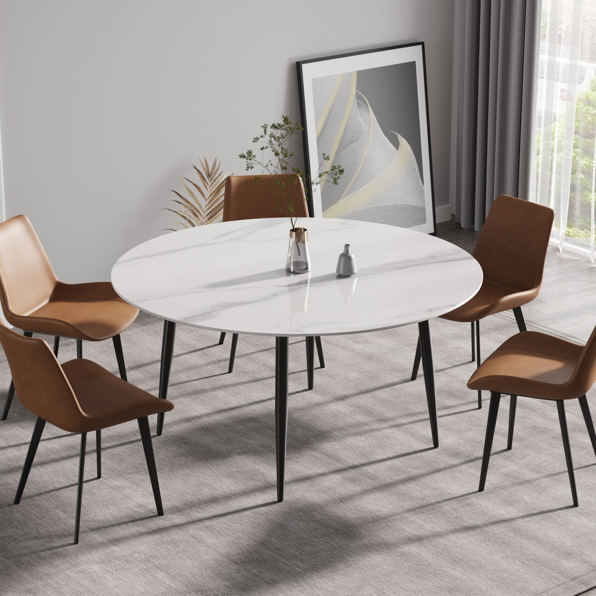 59.05"Modern man-made stone round black metal dining table-position for 6 people