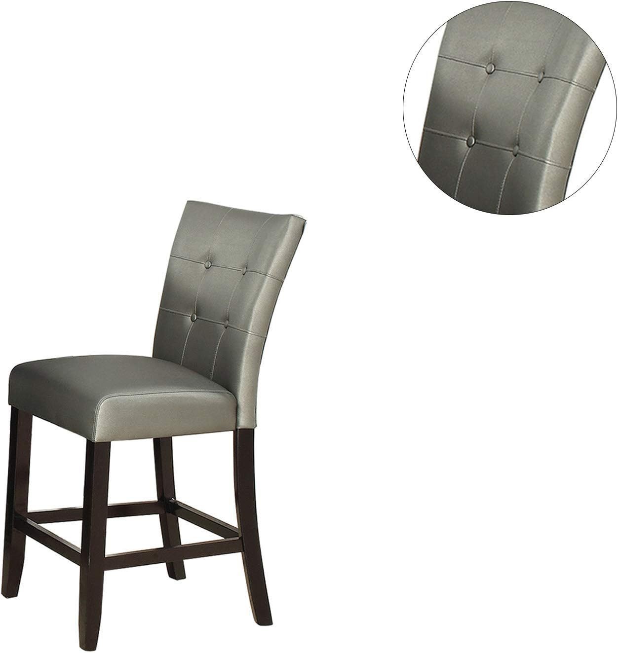 Modern Counter Height Chairs Silver Faux Leather Tufted Set of 2 High Chairs Dining Seating