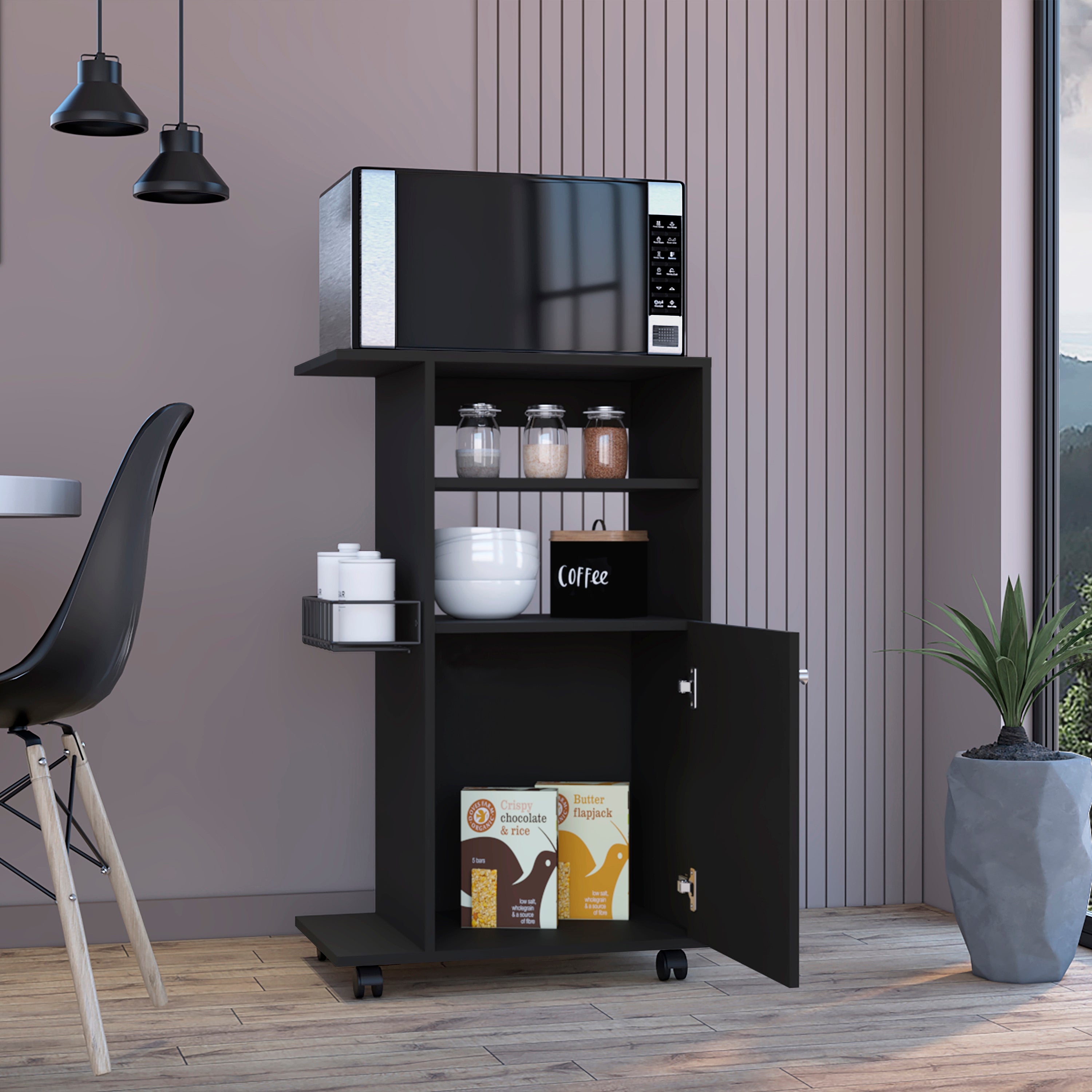 Clip Kitchen Cart, Single Door Cabinet, Four Casters -Black