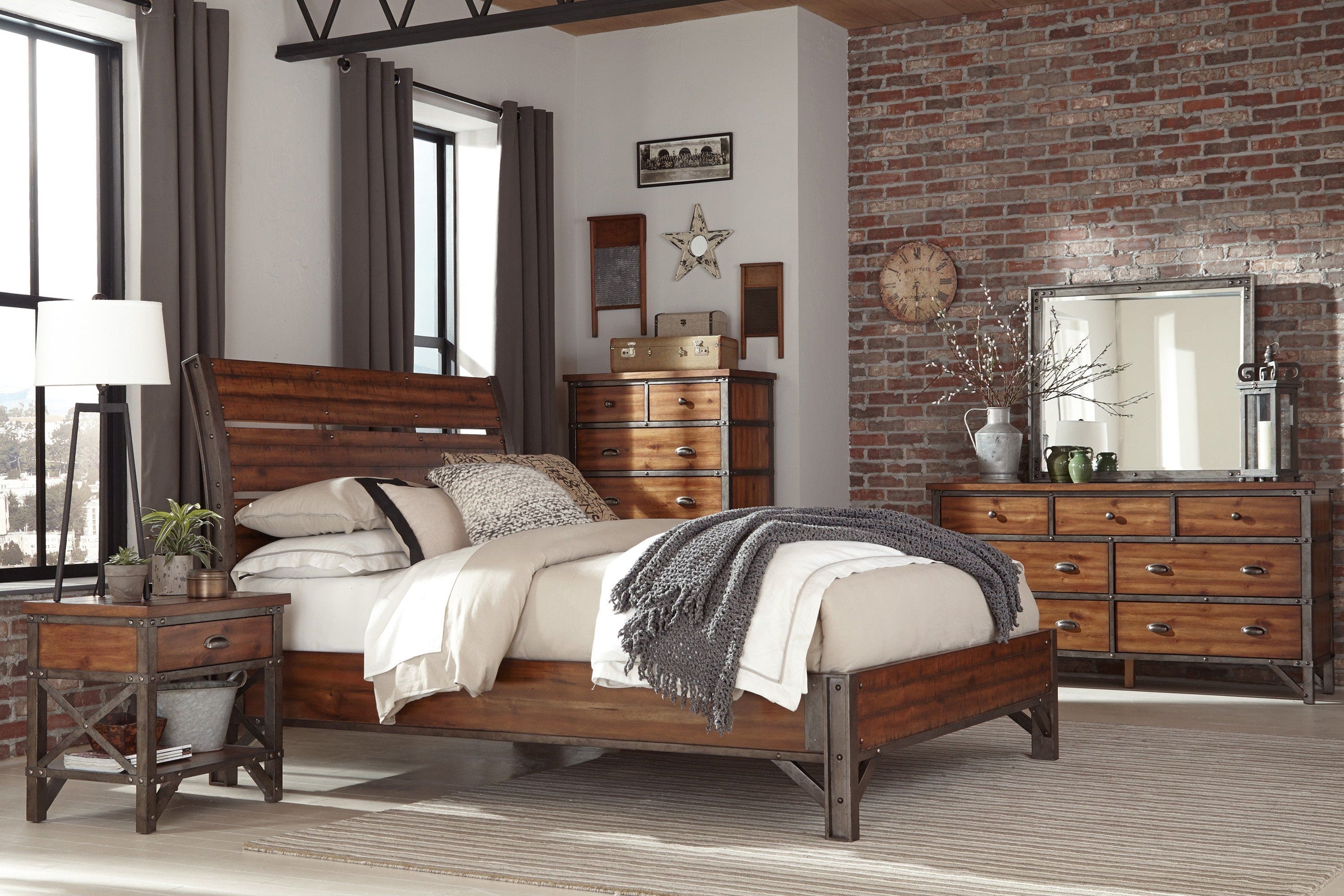 Rustic Brown and Gunmetal Finish 1pc California King Size Platform Bed Industrial Design Horizontal Slats Bedroom Furniture