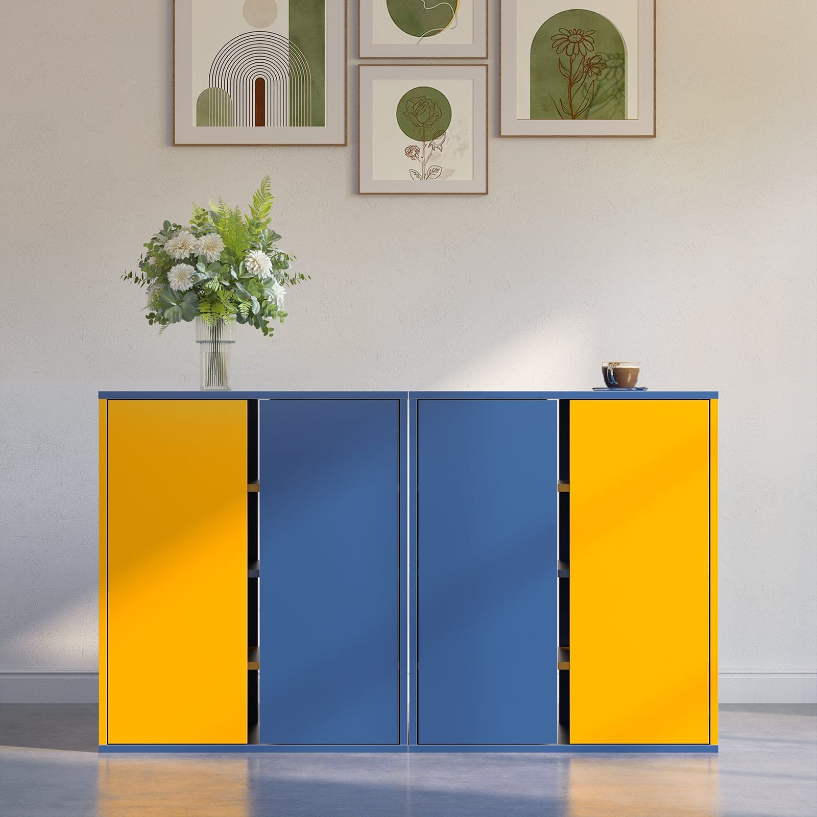 Storage Cabinet Modern Coffee Bar Cabinet Large Capacity Storage Cabinet with 3 Adjustable Shelves for Living Room, Yellow & Blue